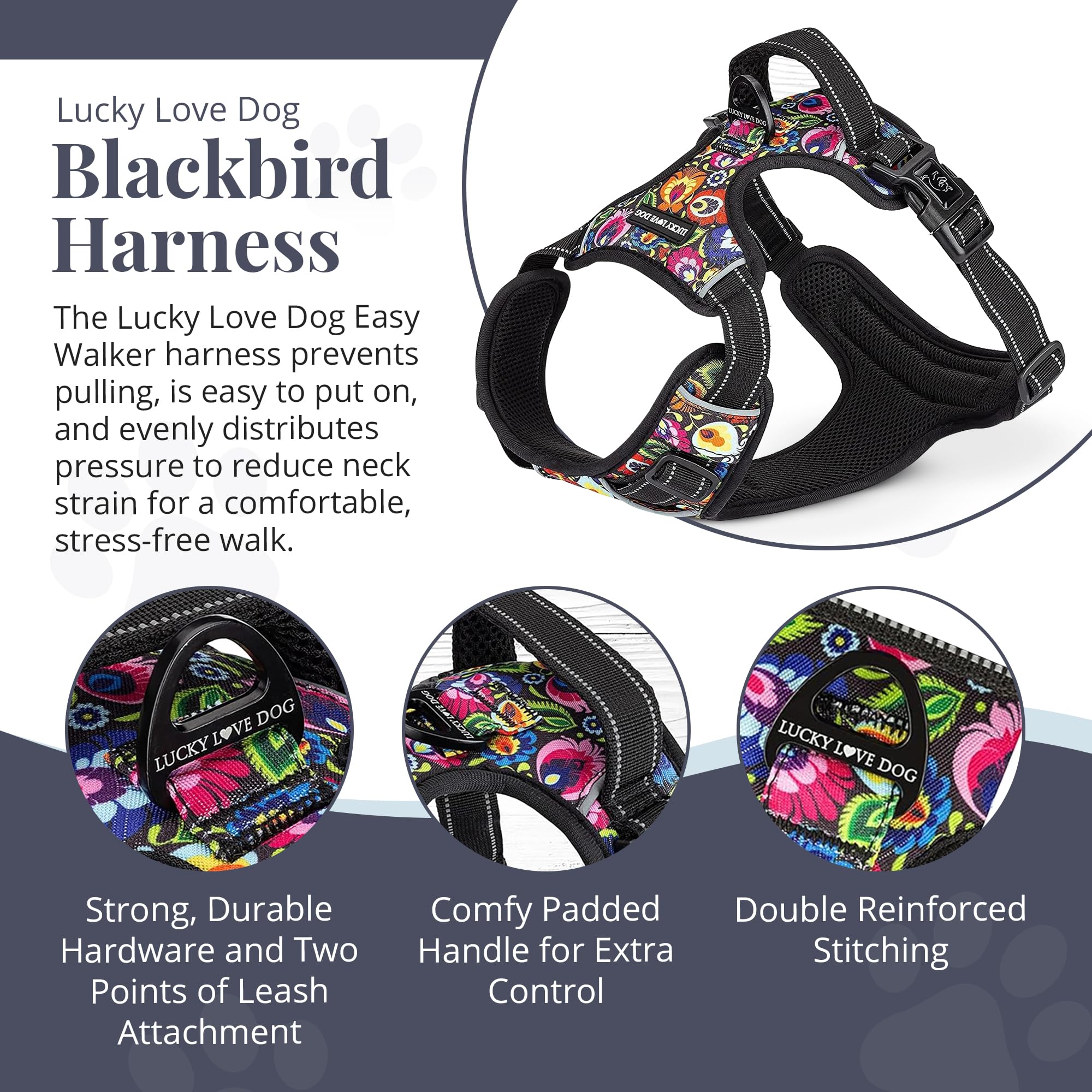Lucky Love Dog No Pull Harness, Adjustable Medium Primrose Floral, Nylon, Vivid Dog Harness Vest for Small Medium Large Dogs