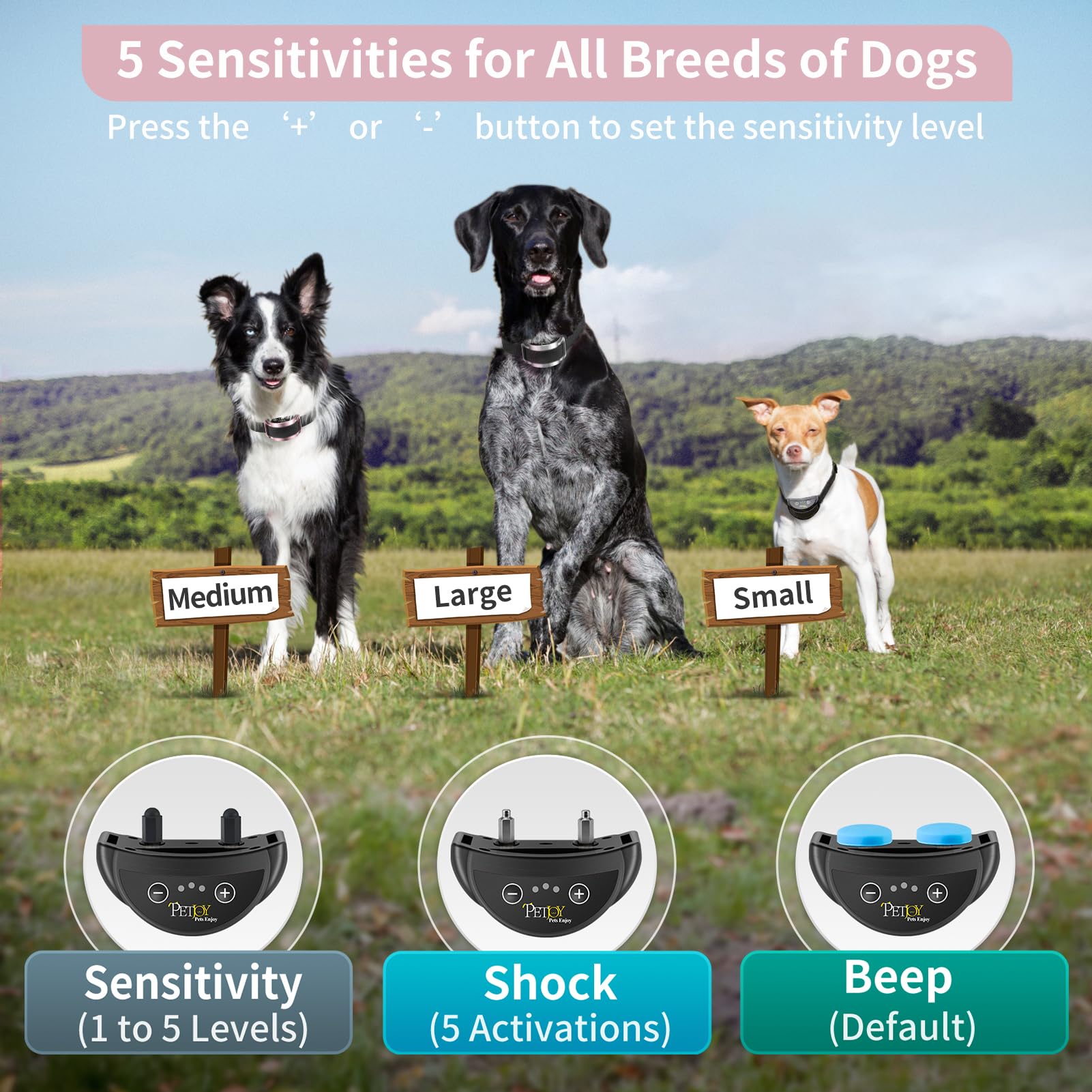 Petjoy Anti Bark Collar For Medium & Large Dogs - Dog Bark Control Collar With Beep & Shock - 5 Adjustable Sensitivity Levels (S