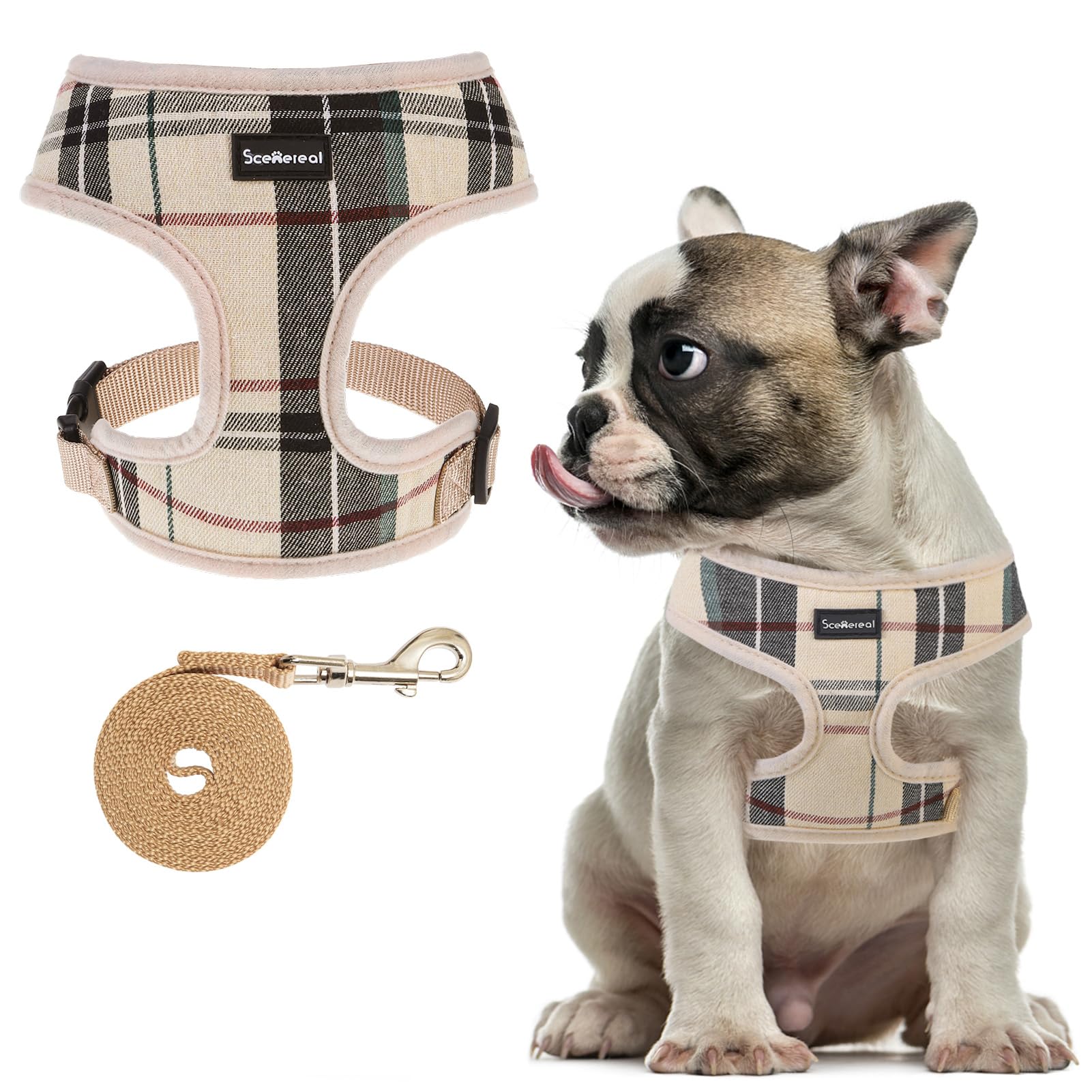 Scenereal Puppy Dog Harness With Leash Set For Small Medium Sized Dogs, Soft Mesh Step In Pet Harnesses And Leash, No Chock Plaid Adjustible No Pull Vest For Dogs Cats, Chihuahua,Bulldog (Beige M)