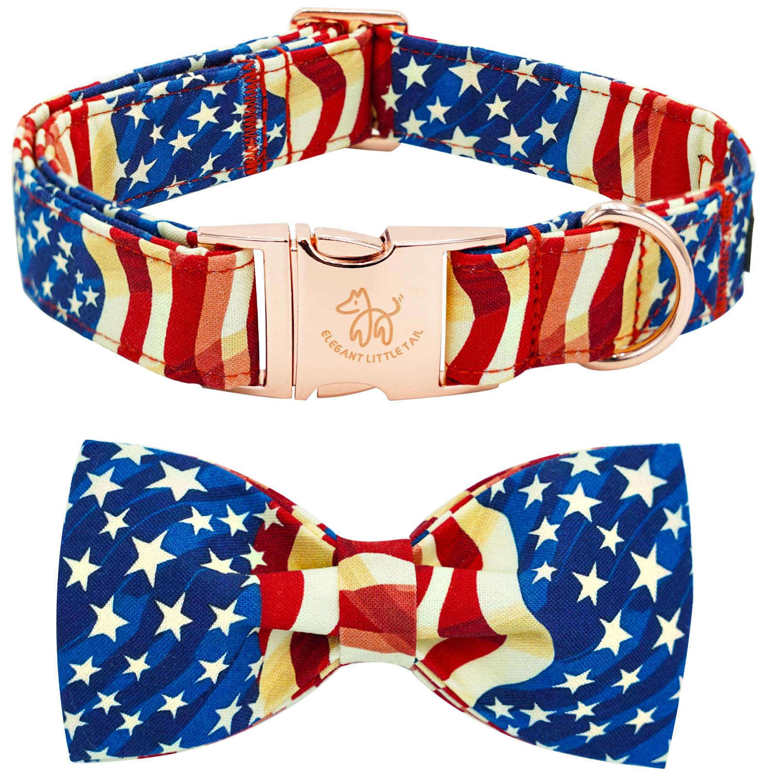 Elegant Little Tail Independence Dog Collar, Patriotic Pet Collar With Bow Tie American 4Th Of July Holiday Cotton Soft Boy Girl