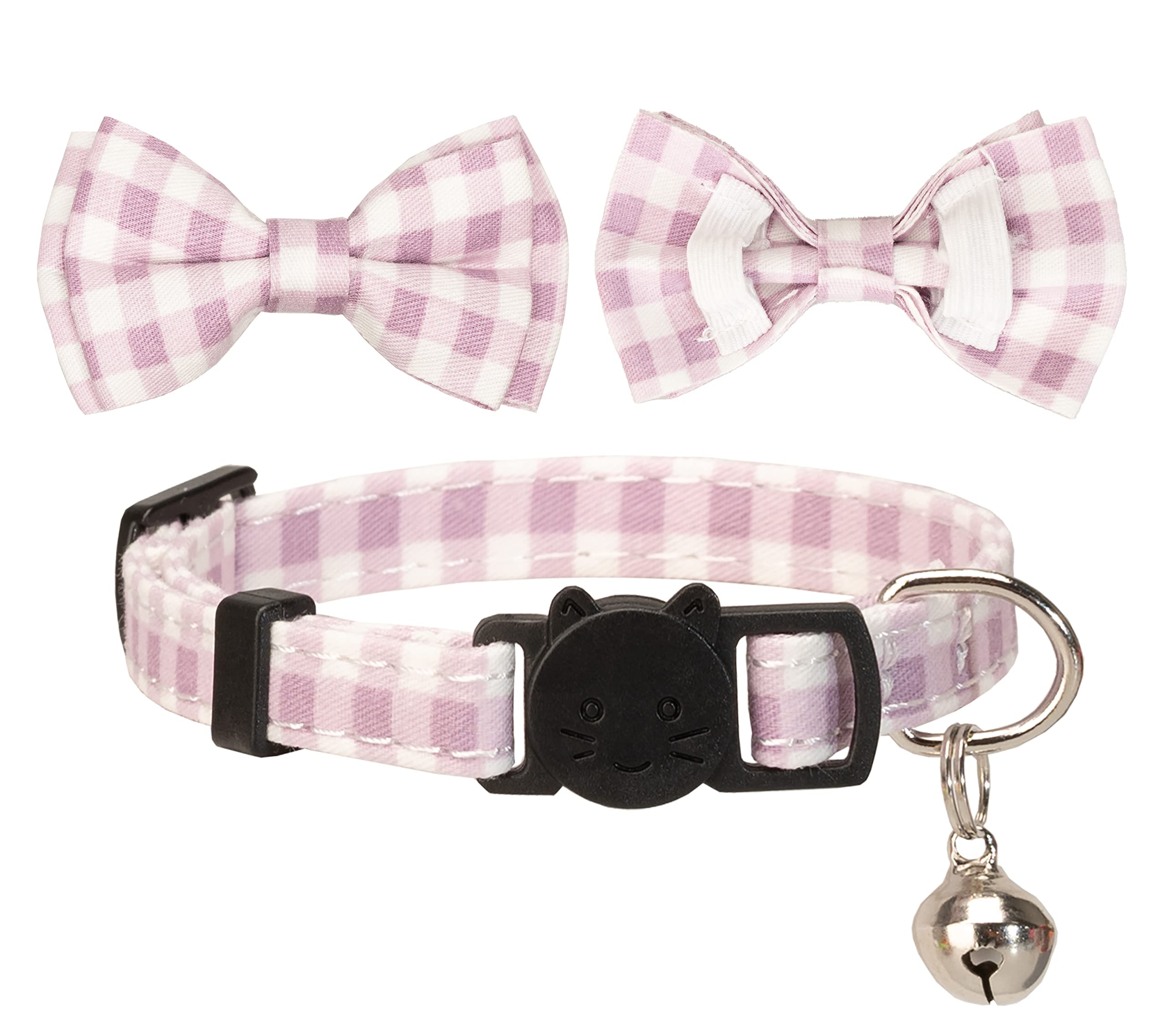 Gyapet Cat Collar Breakaway With Bell Boy Girl Kitten Bow Tie Safety Plaid Solid Color Set Cute Soft Summer [2Pcs] Purple