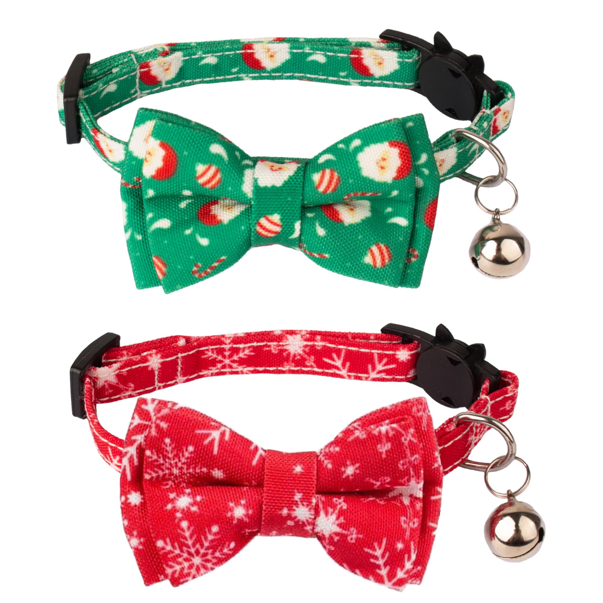 Adoggygo Christmas Cat Collar Breakaway With Bowtie Bell - 2 Pack Christmas Kitten Collar Santa Snowflake Kitten Collar With Rem
