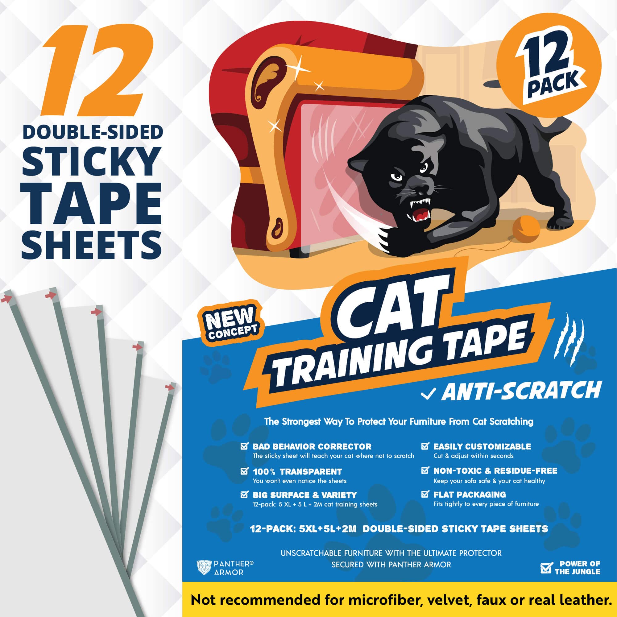 Panther Armor Cat Scratch Deterrent Double Sided Anti Scratching Sticky Tape - Furniture Protector And Cat Training Tape - Couch Corner Protector For Cats (12-Pack)