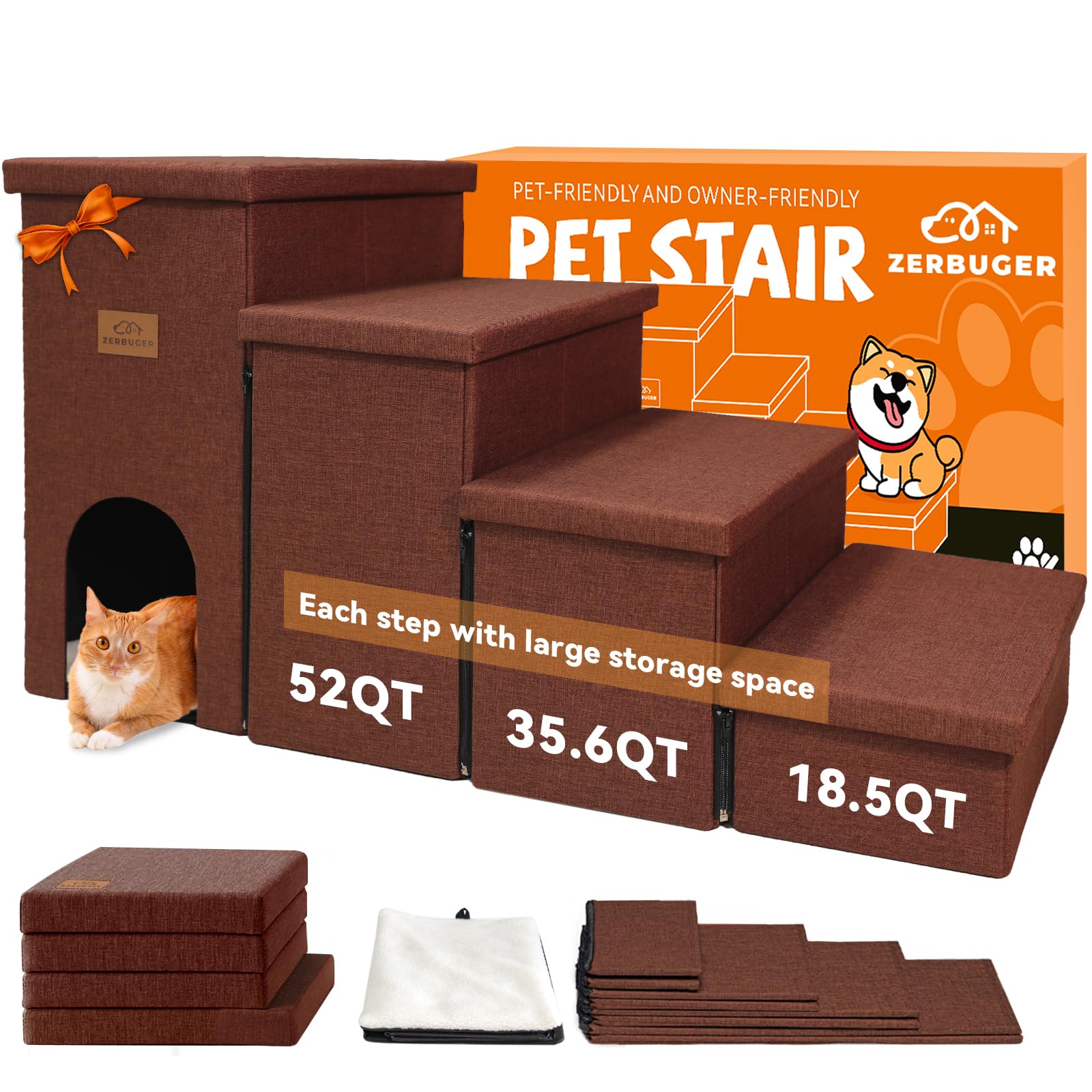 Zerbuger Dog Stairs with Condo 23  H, 4-Step Wider Dog Steps for High Beds Window, Folding Storage Pet Stairs Gift for Small/Med
