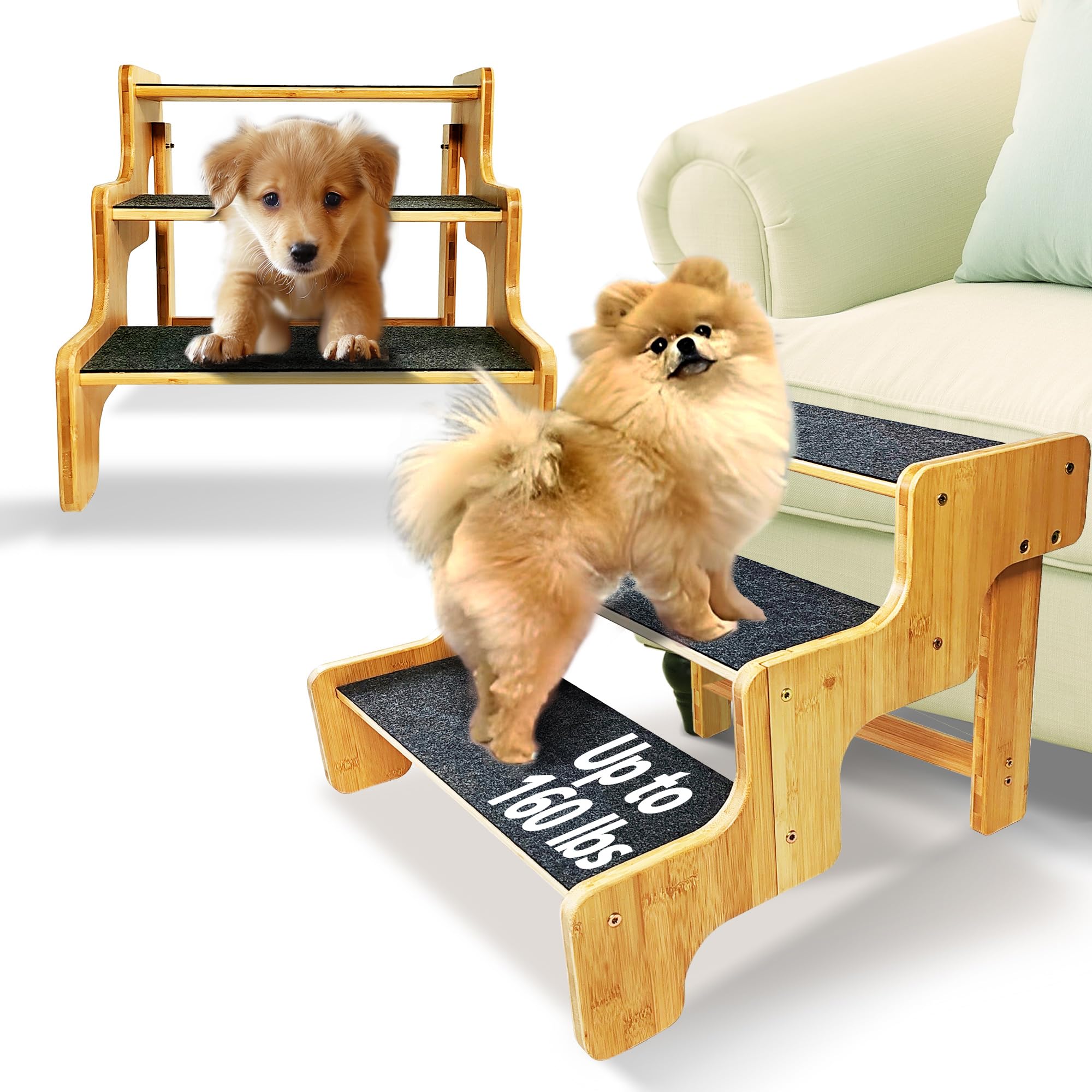 Dog Stairs for Small Dogs,3-Step Bamboo Wooden Dog/Pet/Cat Steps Ramp for Couch Sofa,Bed and Car, Can Support Weighing Up to 160