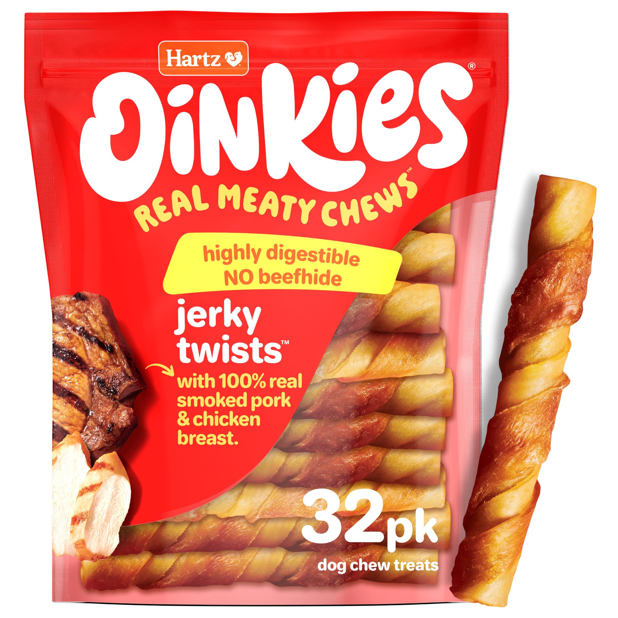 Hartz Oinkies Jerky Twists with Naturally Smoked Pork & Real Chicken Breast Dog Treats, Highly Digestible Long Lasting Dog Chews