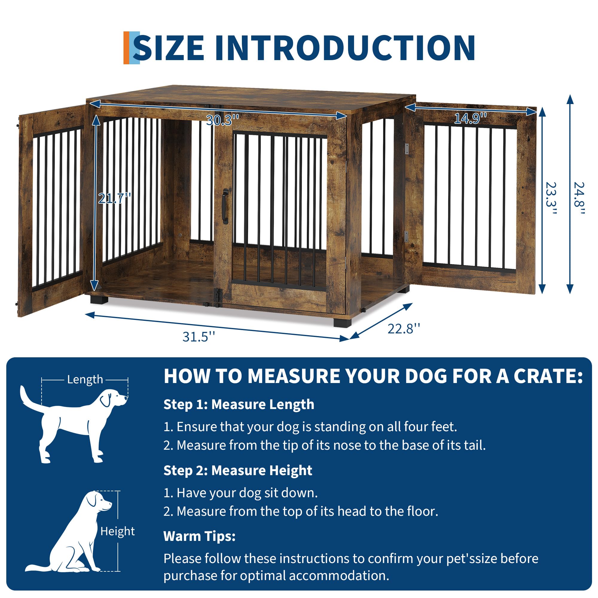 GarveeHome Dog Crate Furniture, 31.5 L Wooden Dog Kennel for Indoor Use, Stylish Dog Cage End Table for Medium Dogs, Decorative