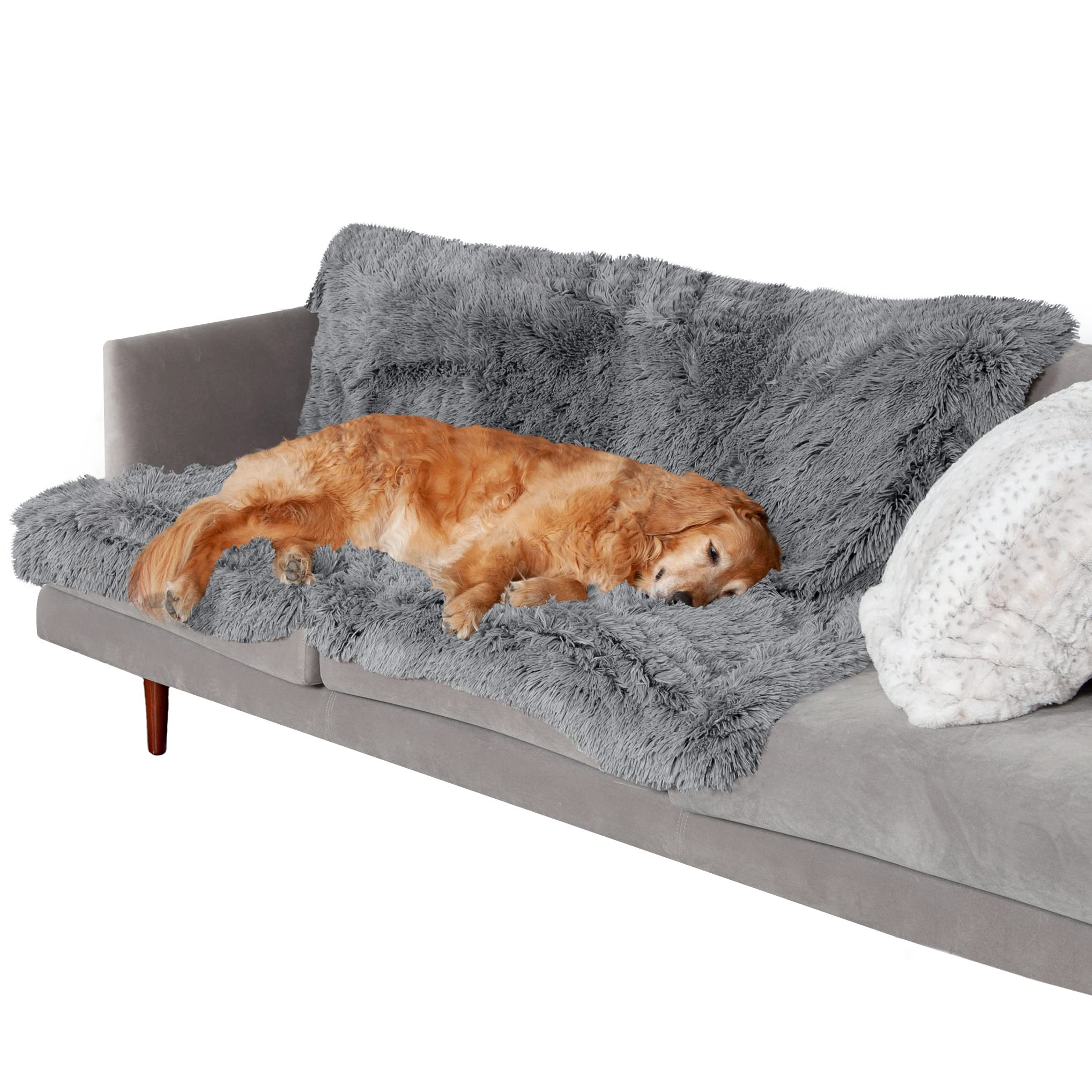 Furhaven Waterproof Throw Blanket for Dogs & Indoor Cats, Washable - Shaggy Plush Calming Long Faux Fur & Velvet Dog Blanket - G