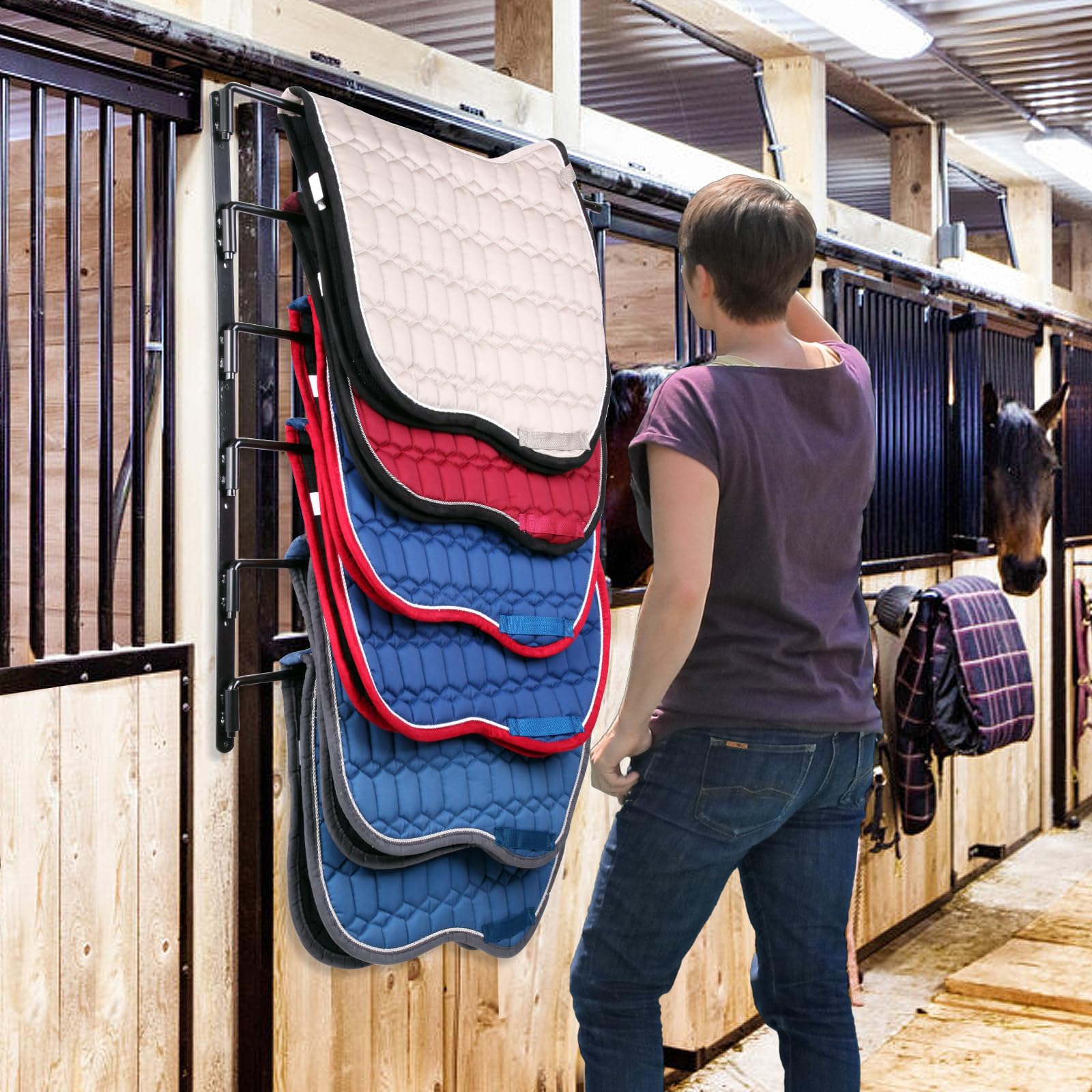 Tomesha Saddle Pad Rack-Horse Blanket Holder,Extra-Long Rack Arms For Various Accessories,Heavy Duty 180 Degree Swing-Out Wall M