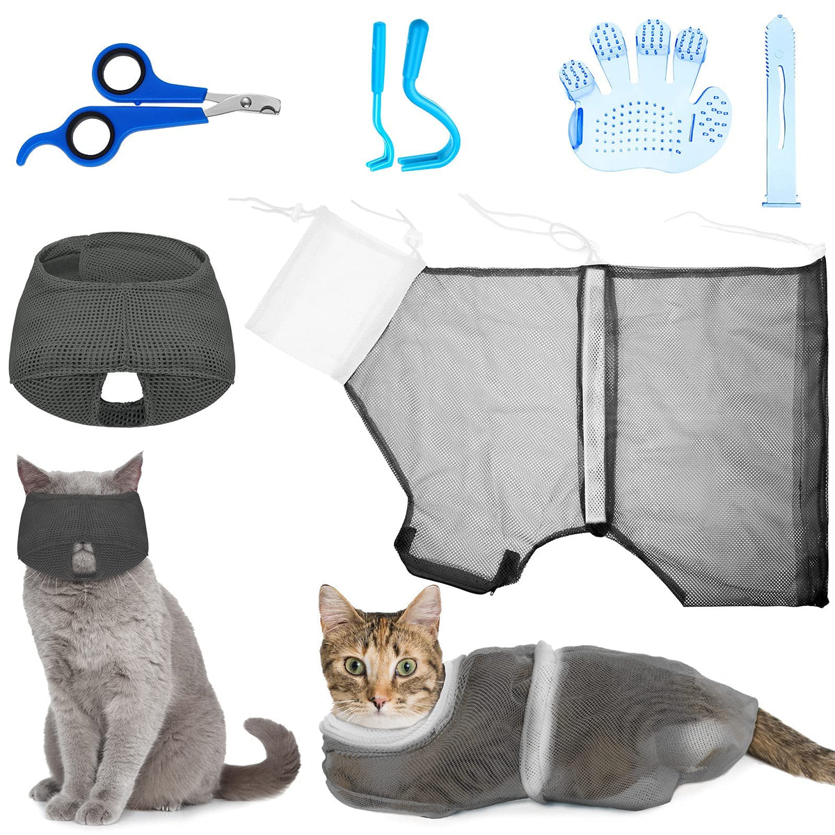 5 Pieces Cat Bathing Bag Set Cat Grooming Bag Adjustable Pet Shower Net Bag Cat Muzzles Anti-Bite Anti-Scratch Nail Clipper Tick Remover Tool Massage Brush For Bathing Cleaning Trimming (Grey-White)