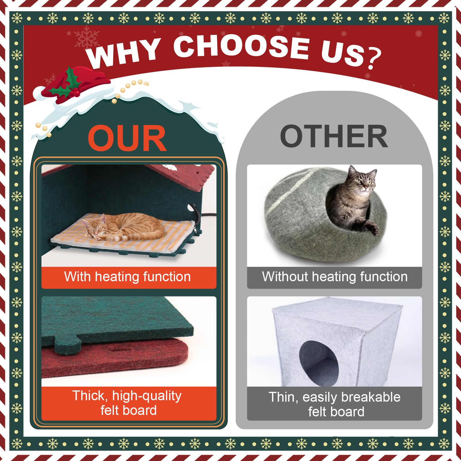 Christmas Heated Cat Bed, Cute Felt Beds For Cats, Scratch Resistant, Christmas Decorations