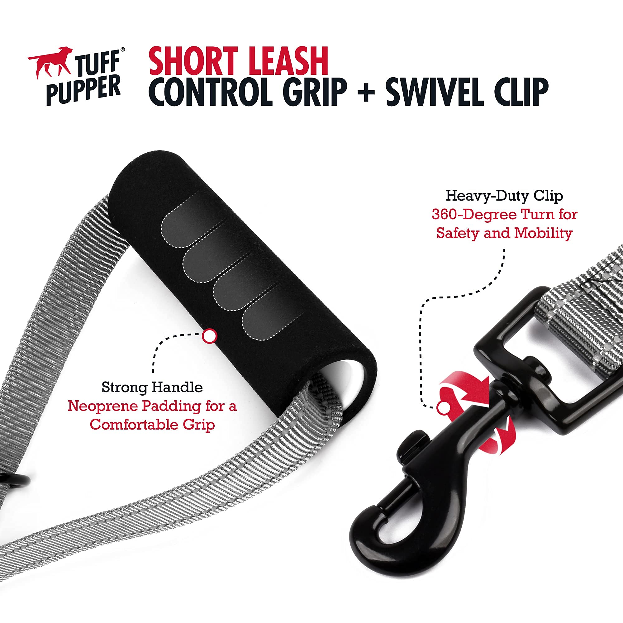 Tuff Pupper Service Dog Leash With Handle For Large Dogs | 12 Inch | Perfect For Services Dog Harness & Large Dog Training Leash | Traffic Leash Handle W/Padding | Short Leash Dog Coupler