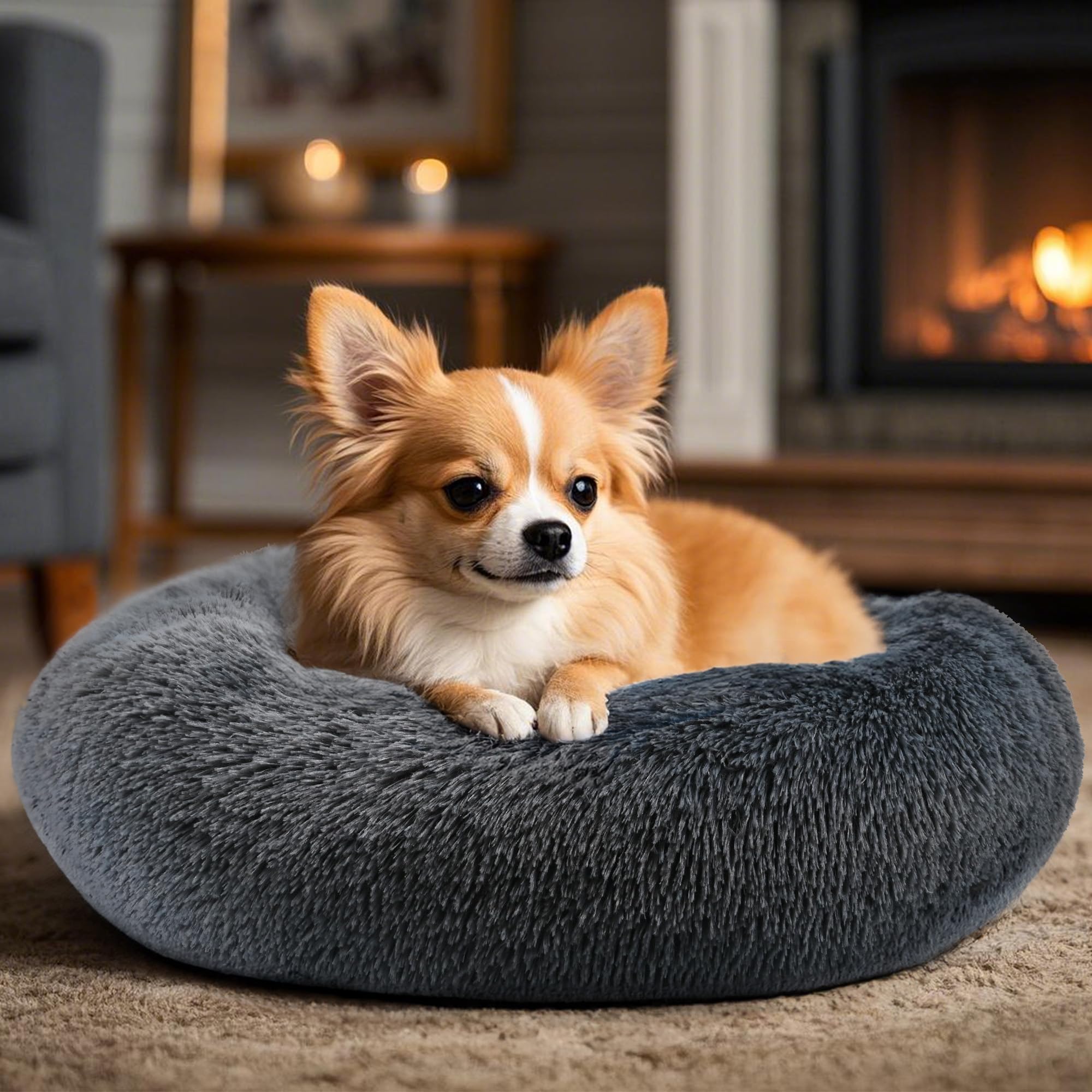 Dogs Bed For Small Dogs, Anti-Anxiety Washable Round Bed (Dark Grey, 24.0' L X 24.0' W X 8.0' Th)