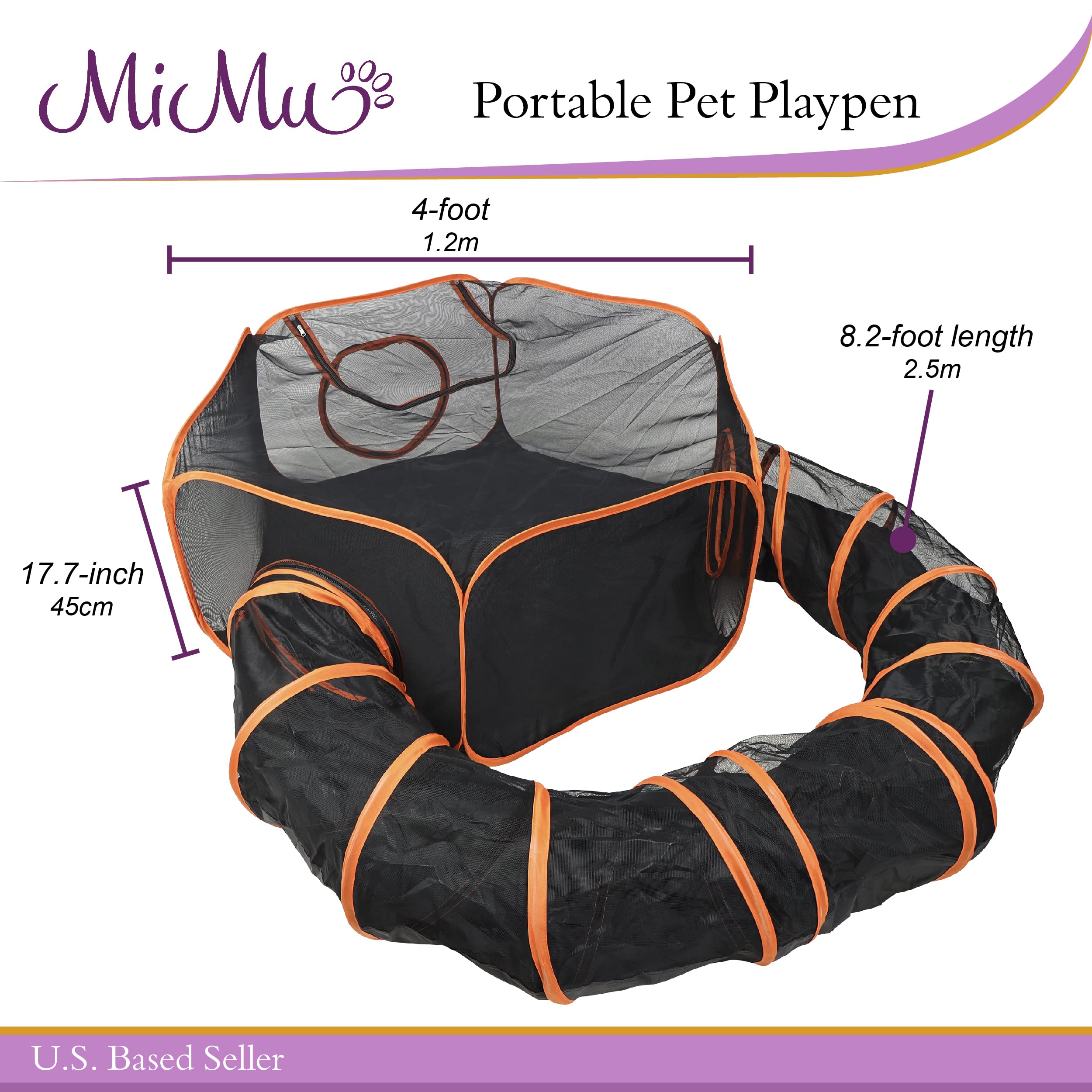 Mimu Dog Playpen Indoor Outdoor 4 Foot Cat Tent With Exercise Tunnel - Orange Pop Up Travel Playpen For Puppies, Kittens, Rabbit