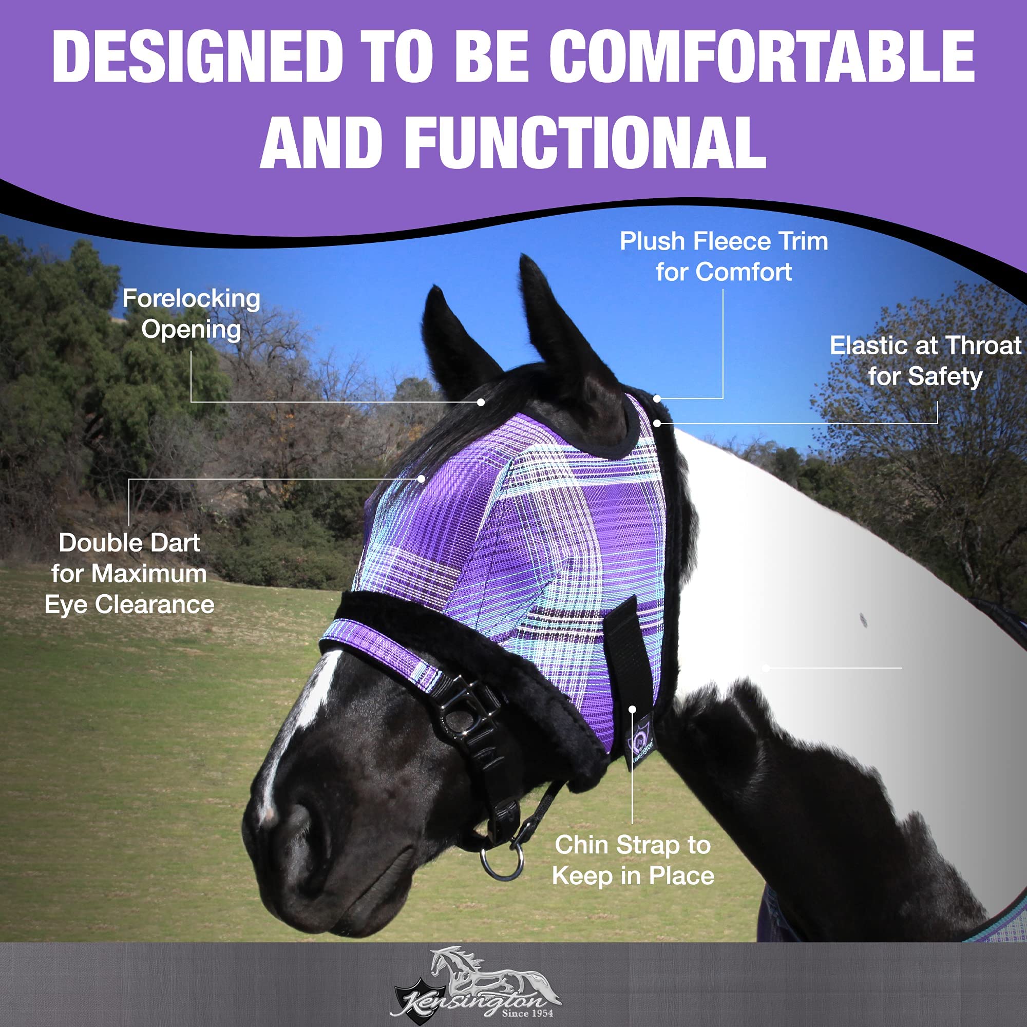 Kensington Fly Mask with Fleece Trim for Horses - Protects Face and Eyes from Flies and Sun Rays While Allowing Full Visibility