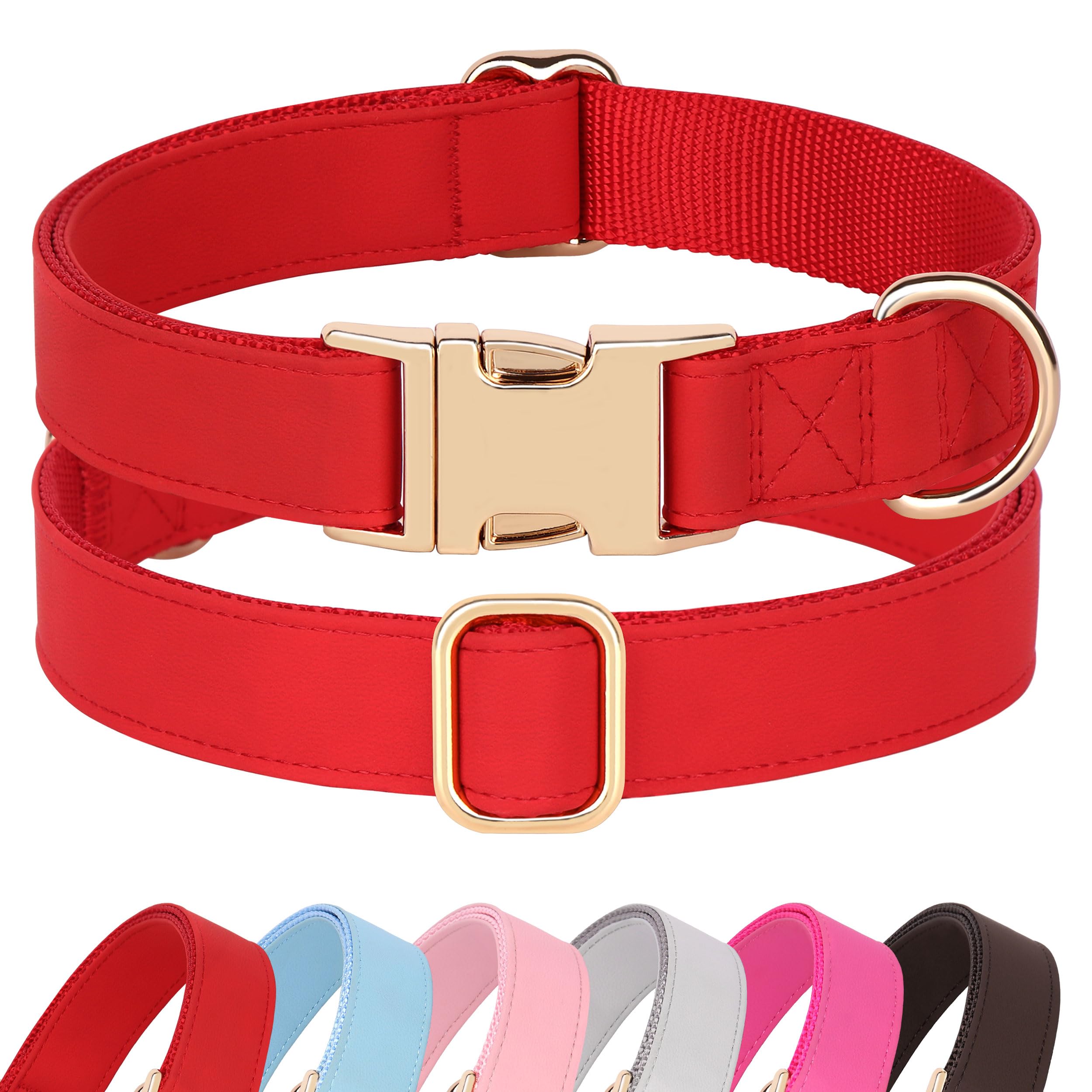 Pet Artist Charming Nylon Dog Collar With Leather Soft Comfy Elegant Nylon Collars For Dogs Small Medium Large 4 Bright Solid Color For Choosing Blue Red Brown Grey (Red,Neck Fit 16-27'')
