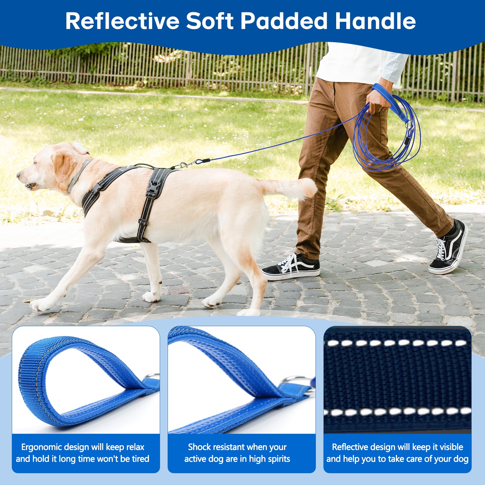 Long Leash Chew Proof, Tie Out Cable For Dogs 10/20/30/50 Ft With Carabiner, Leads For Yard Medium Large Dogs, Padded Handle (Bl