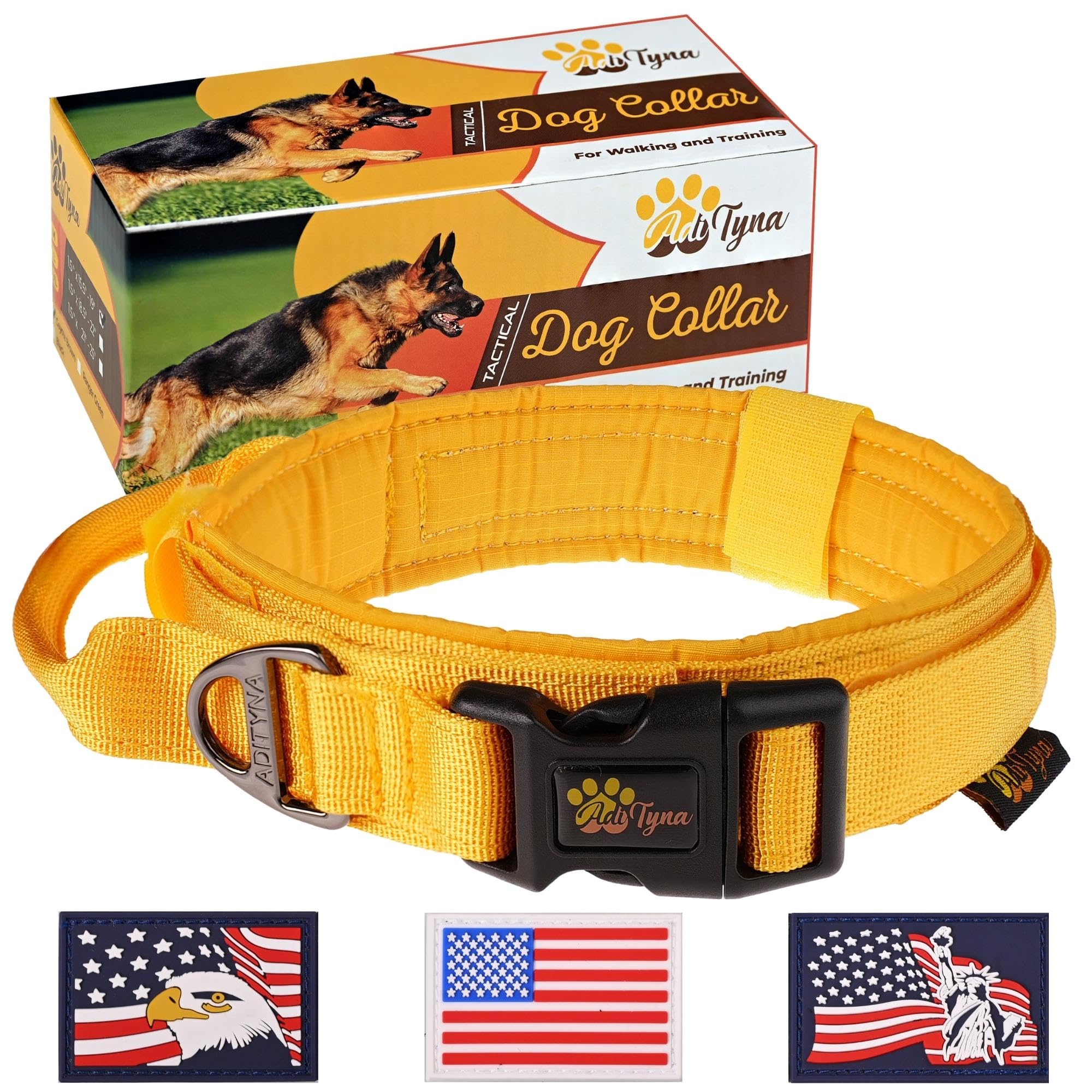 Adityna Tactical Dog Collar For Large Dogs - Soft Padded, Heavy Duty, Service, Adjustable Military K9 Yellow Collar With Handle 