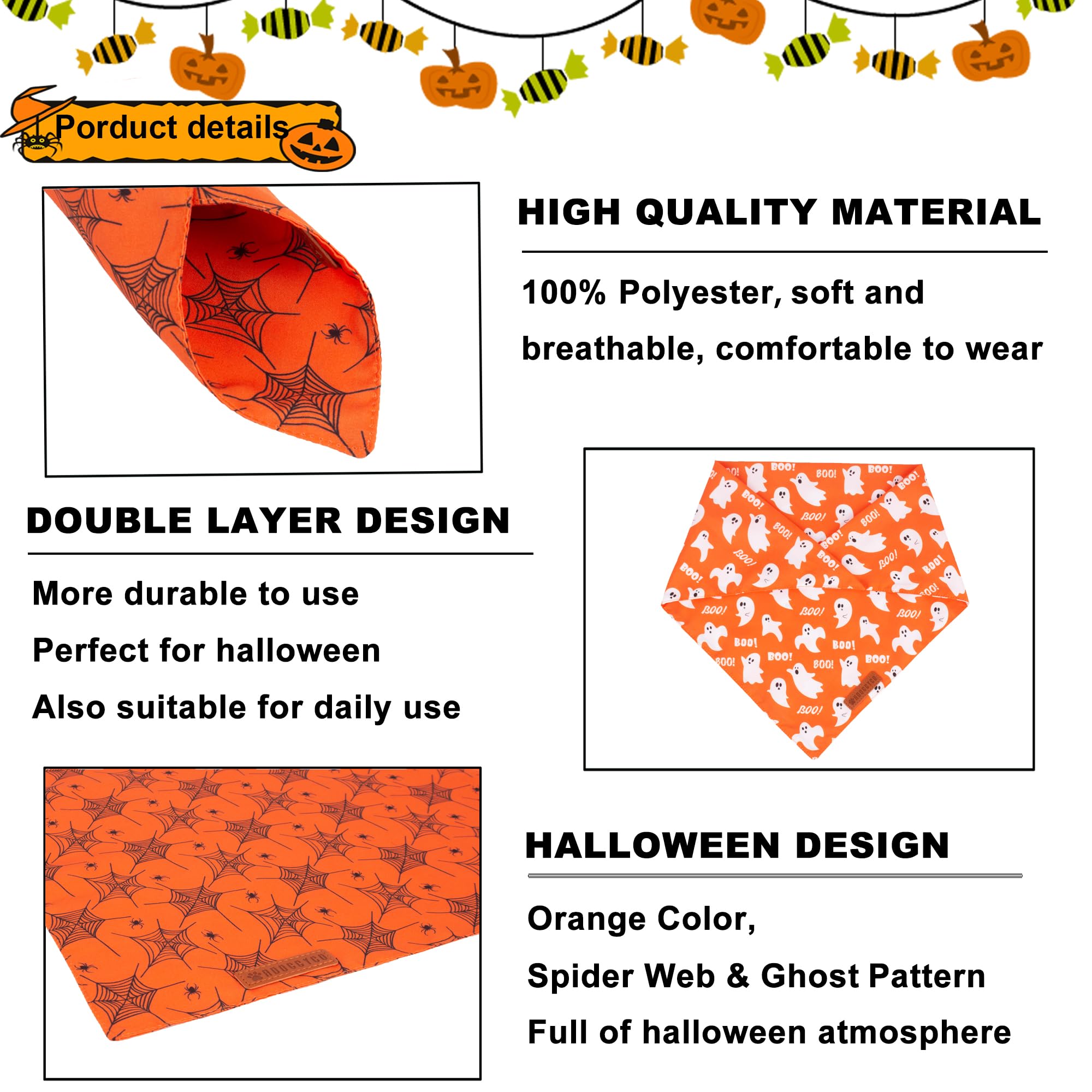 Adoggygo Halloween Dog Bandana, Spider Web Ghost Design Dog Scarf, Premium Durable Fabric, Orange Dog Halloween Bandanas For Large And Extra Large Dogs Pets (X-Large, Halloween)