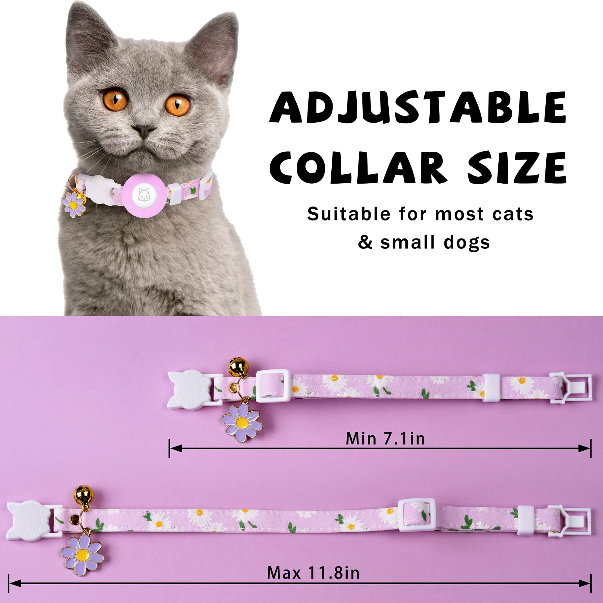 Airtag Cat Collar, Jxfukal Kitten Collar Breakaway With Silicone Airtag Holder, Bells & Flower Charm For Girl Cats Boy Cats Small Dogs(Purple)