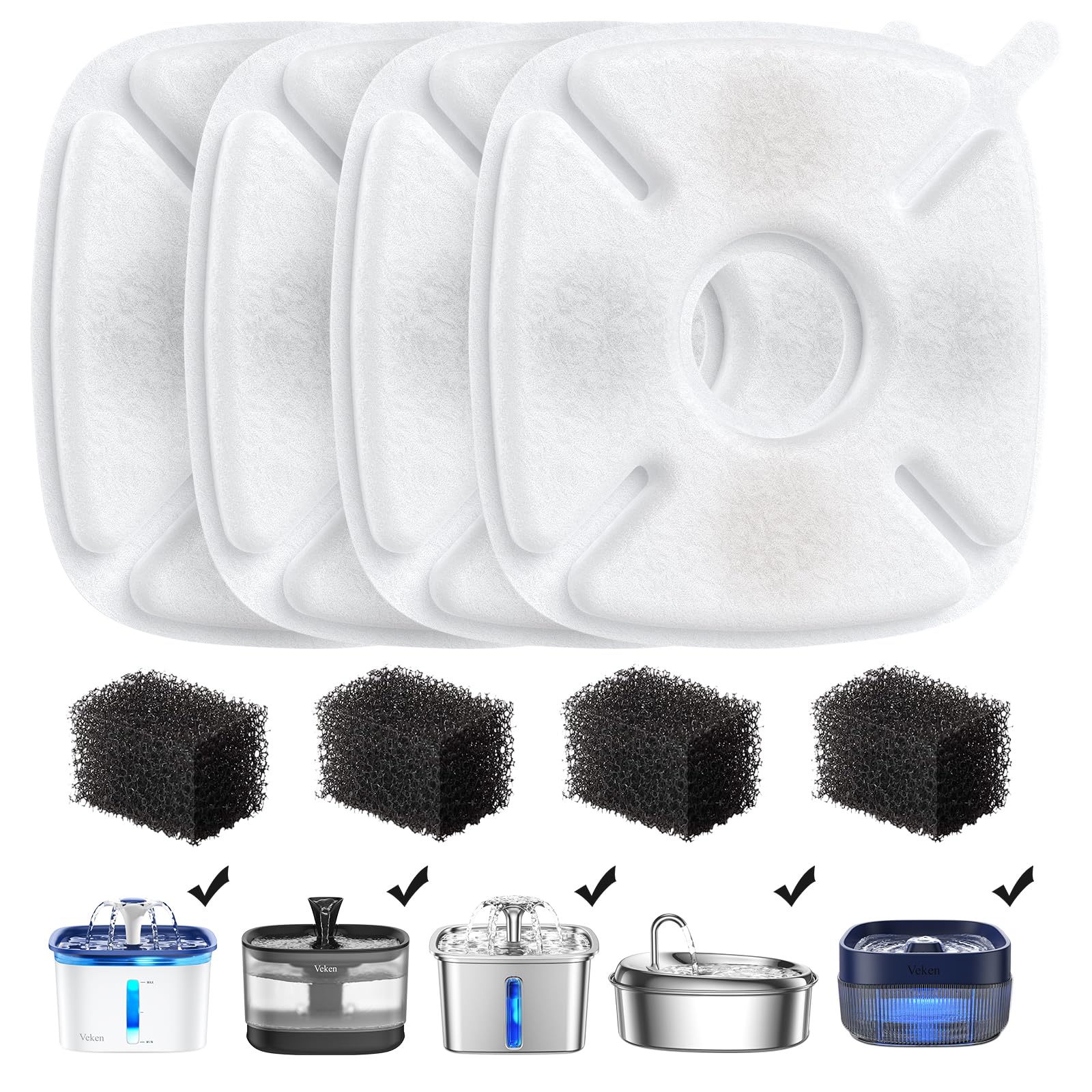 Veken Cat Water Fountain Filter, Classic 4 Pack Replacement Filters & 4 Pack Replacement Pre-Filter Sponges For 67Oz, 95Oz, 135O