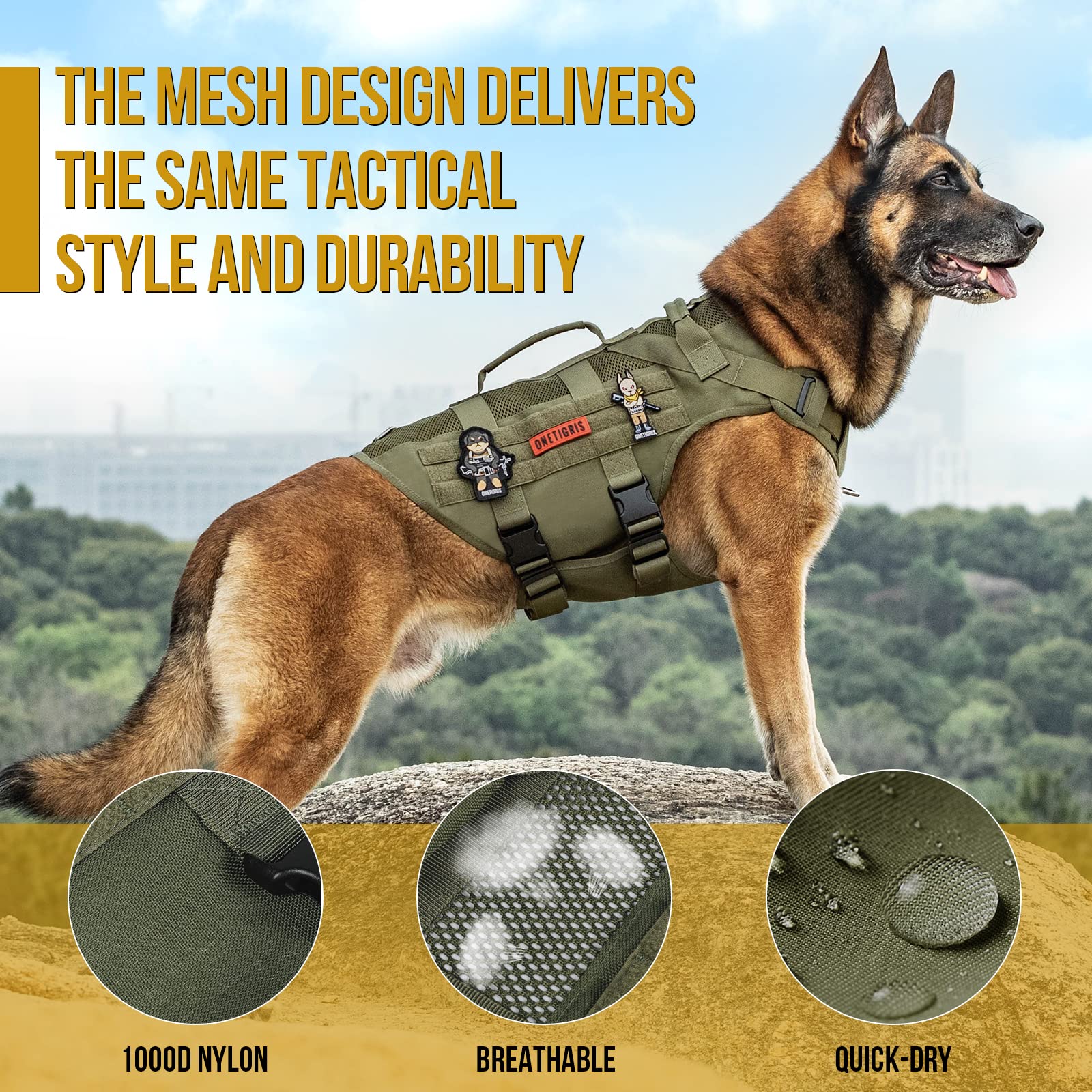 Onetigris No Pull Tactical Dog Harness For Medium Dog, Aire Mesh Service Dog Harness Breathable Military Dog Molle Vests With Handles, Service Dog Vest Harness For Walking Hiking Training Green