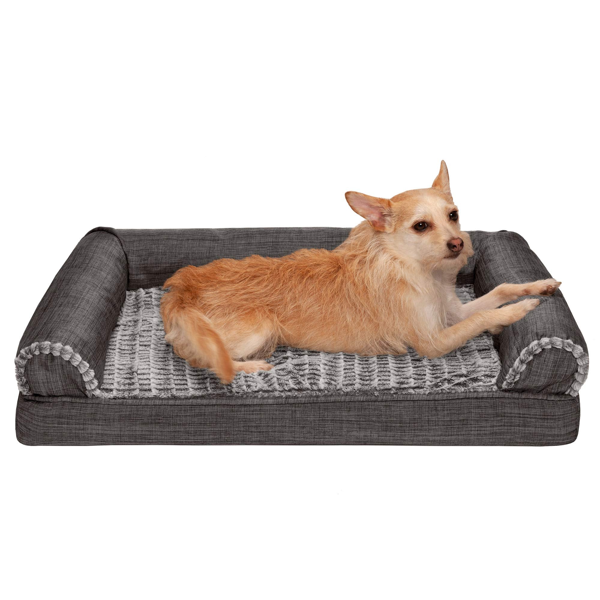 Furhaven Medium Orthopedic Dog Bed Luxe Faux Fur & Performance Linen Sofa-Style W/ Removable Washable Cover - Charcoal, Medium