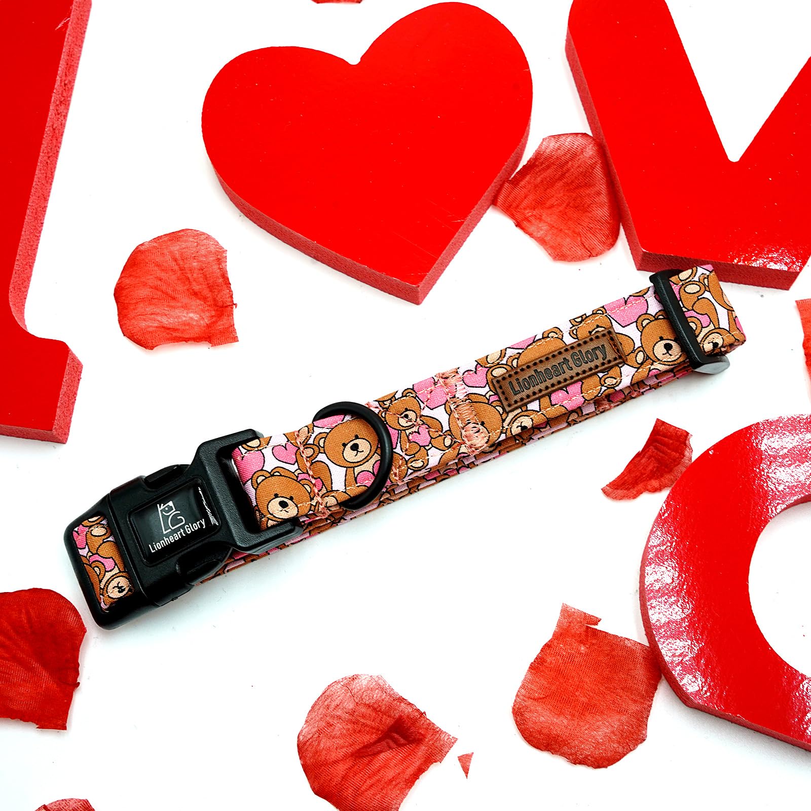 Lionheart Glory Valentine Collar-Bear Hearts Print Dog Collar For X-Small Cute Pink Dog Collars Spring Female Pet Gift Adjustabl