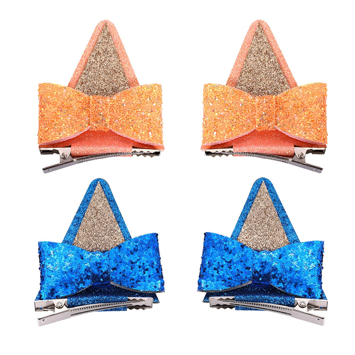 Savita 4Pcs Dog Ears Hair Clips, Glitter Bow Barrettes For Toddlers Girls Cute Hair Accessories For Bluey Animal Cosplay For Birthday Party Halloween Costume Supplies For Bingo (Blue & Orange)