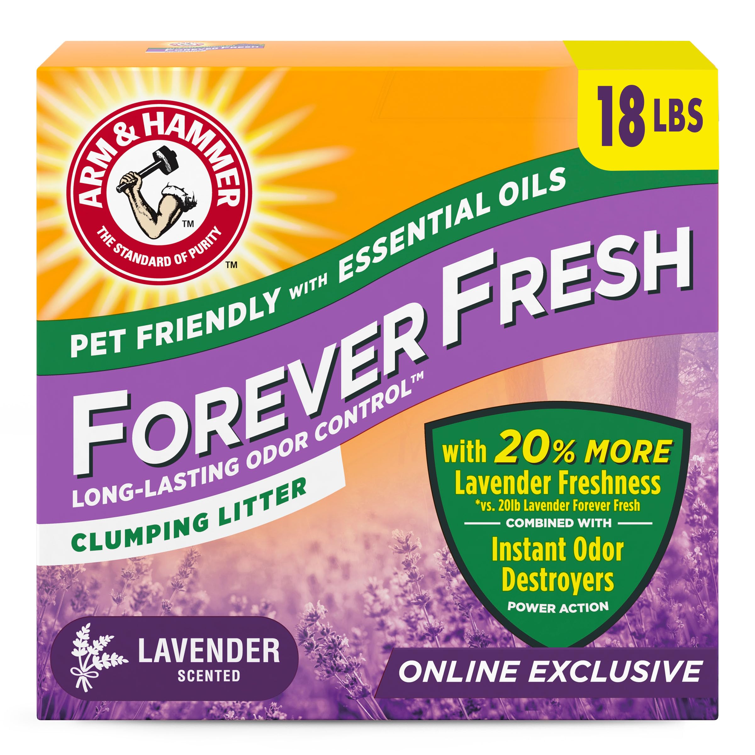 Arm & Hammer Forever Fresh Clumping Cat Litter Lavender, Multicat 18Lb With 20% More Lavender Freshness, Pet Friendly With Essential Oils