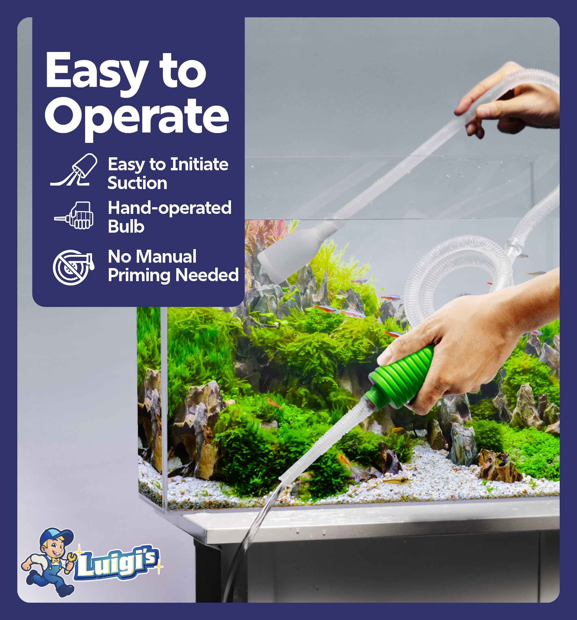 Luigi'S Fish Tank Cleaner - Gravel Pump Vacuum For Aquarium - Hand Siphon Hose To Remove And Change Water Or Sand In Minutes - A
