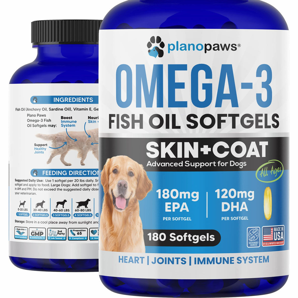 Omega 3 Fish Oil For Dogs Capsules - Salmon Oil For Dogs - Dog Fish Oil Supplement May Help Shedding, Allergy, Itching - Support Dry Skin, Joints - Dog Skin And Coat Supplement - 180 Fish Oil Pills