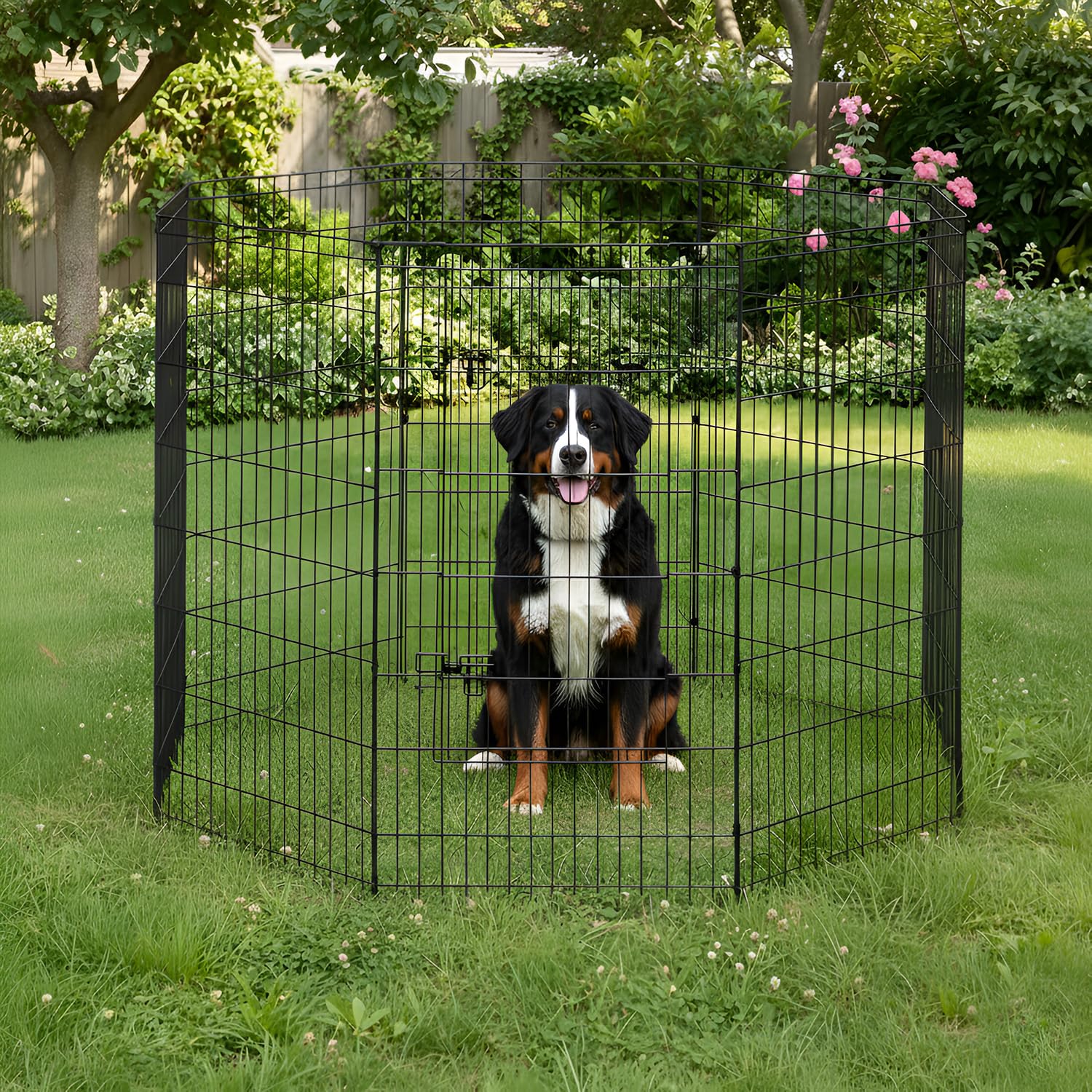 FDW 48 Inch Dog Pen 8 Panel Dog Playpen Indoor Outdoor Metal Puppy Pet Fence Portable Folding Animal Exercise Fence,Black
