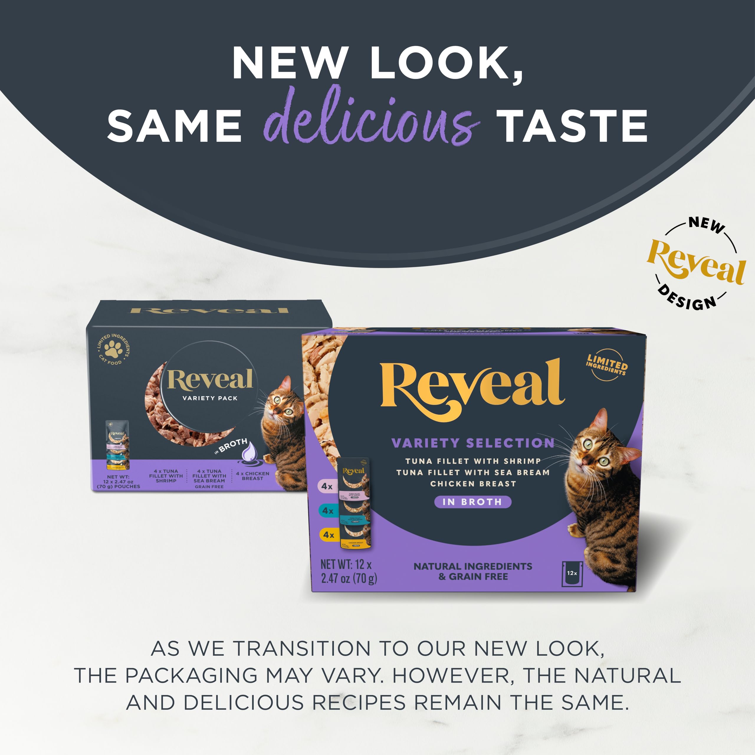 Reveal Natural Wet Cat Food, 12 Count, Grain Free, Limited Ingredient Cat Food Pouches, Fish and Chicken Variety in Broth, 2.47