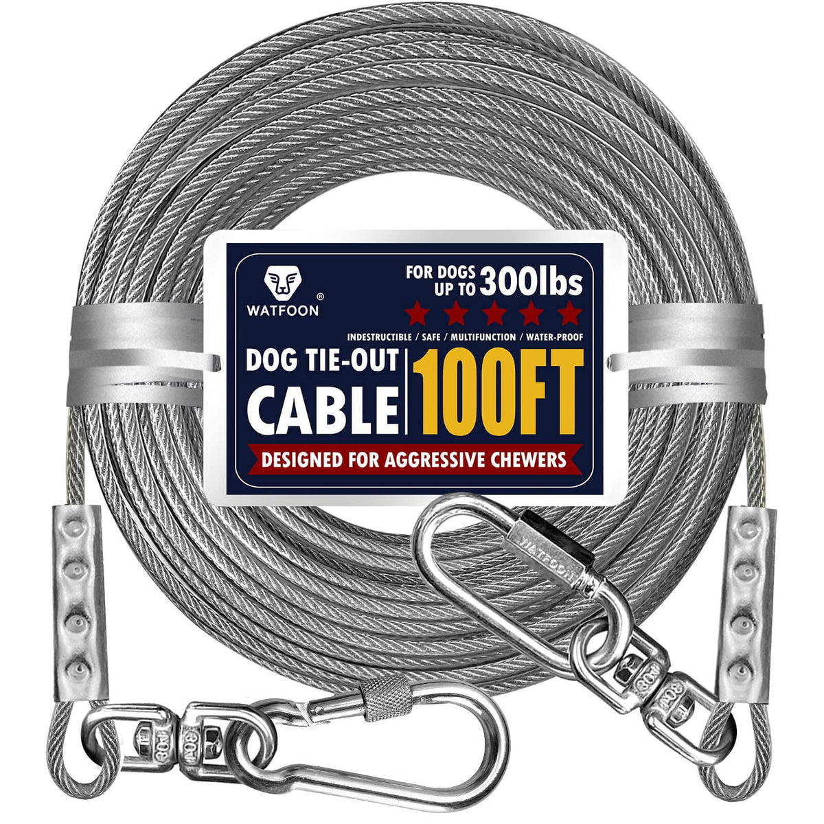 Extra Strong 100Ft Tie Out Cable For Large Dogs Up To 300 Lbs,1000+Pound Break Strength Tieout Tether Trolley Training Lead,Dog Run Cable For Yard Garden Park Camping Outside (Silver/100Ft)