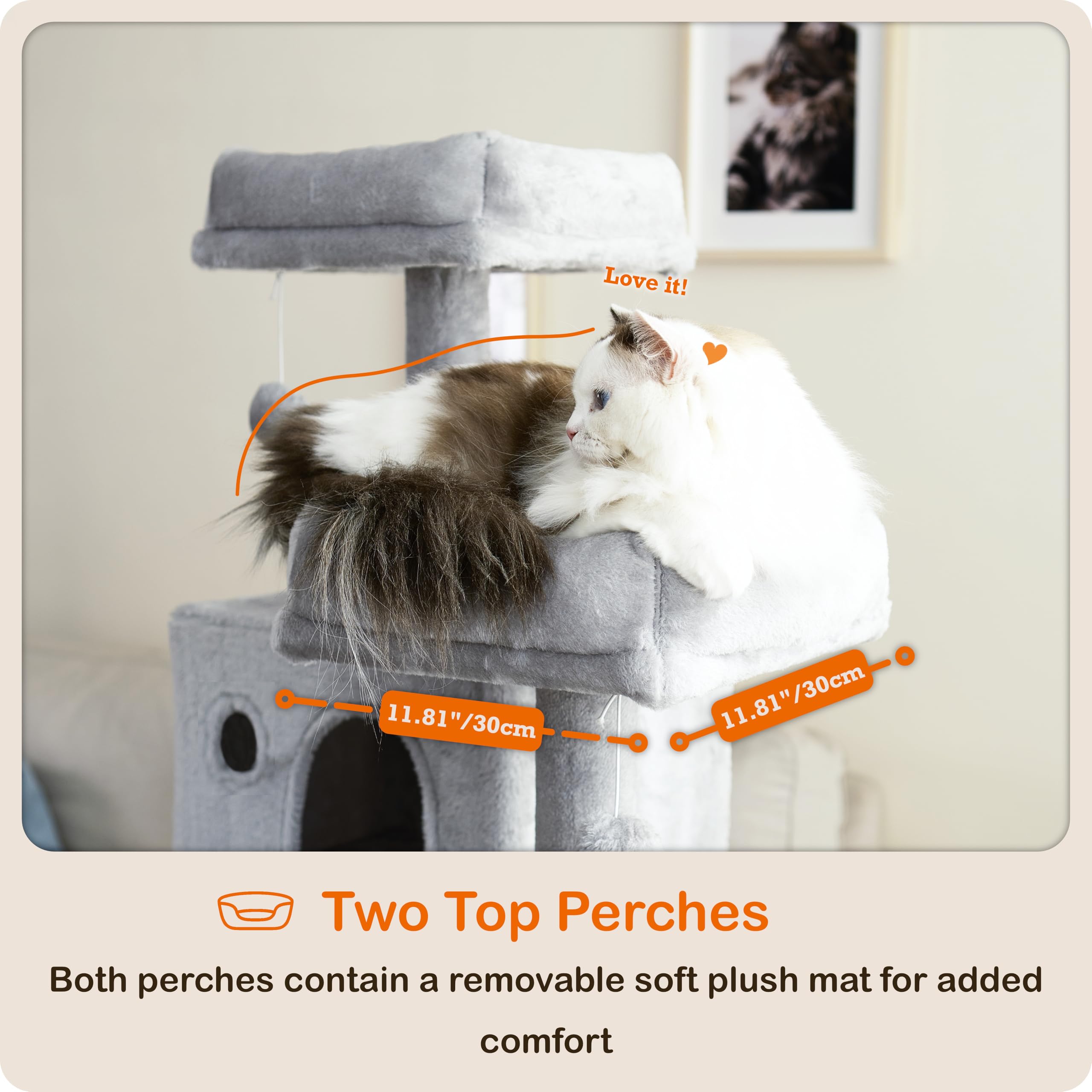 Ouritsu Cat Tree, 56 Inch Tall Cat Tower For Large Cat Indoor, Large Condo, 2 Padded Perches, Steel-Framed Hammock, Scratching P