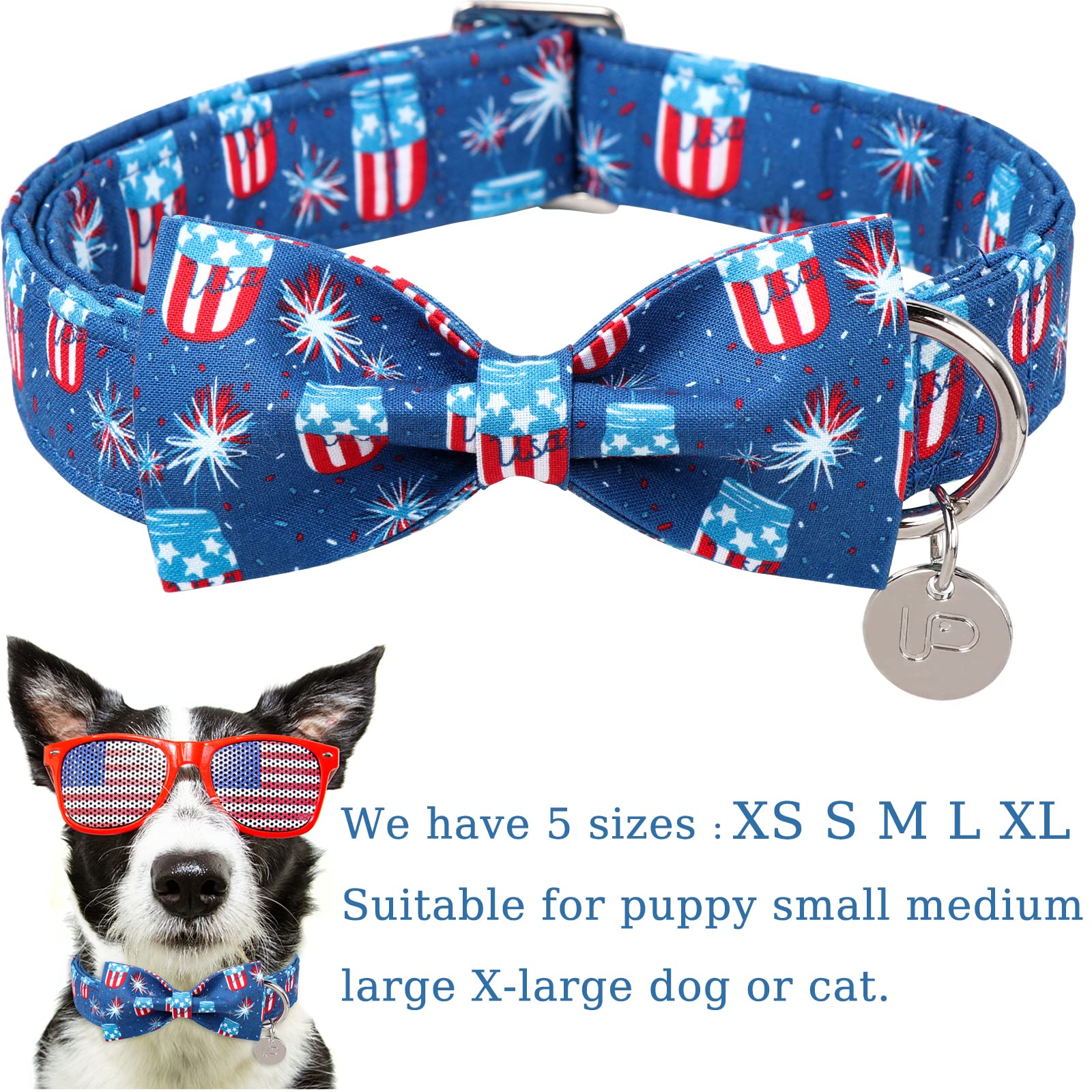 Up Urara Pup 4Th Of July Dog Collar With Bow Tie, Patriotic Bowtie Dog Collar, American Flag Collar For Large Boy Girl Dog, Comf
