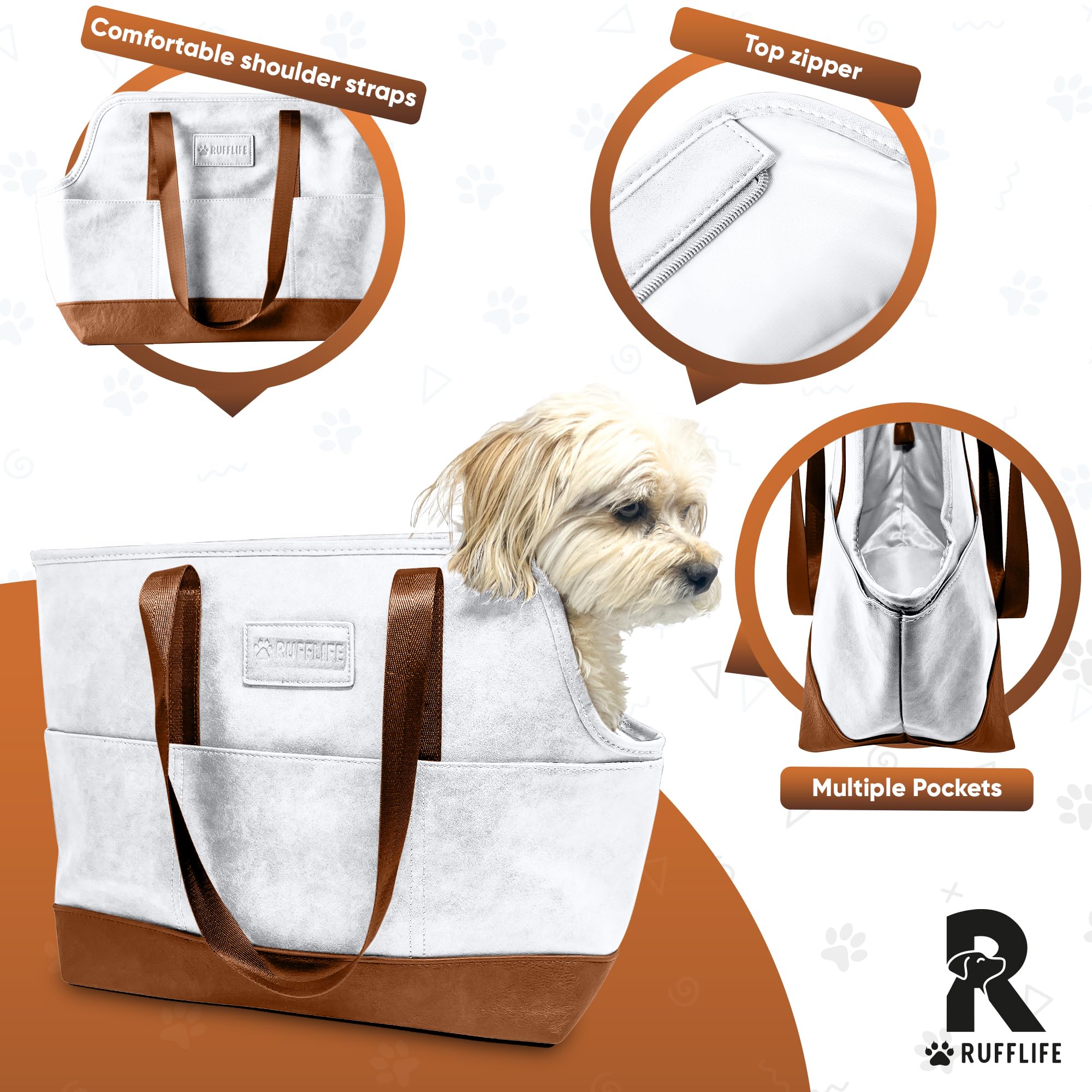 Noblepup Luxury Dog Purse Carrier - White Faux Leather Pet Carrier, Secure Harness Clip, Tote Bag For Small Dogs And Puppies