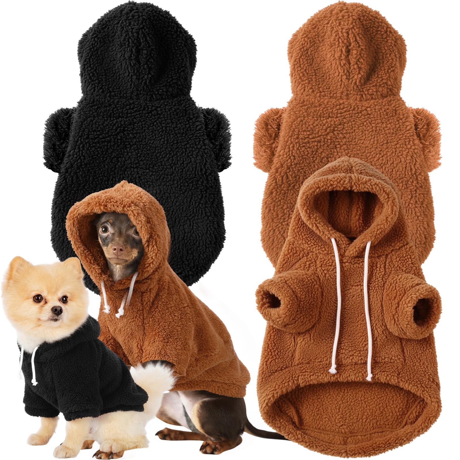 Reginary 2 Pcs Fuzzy Small Dog Hoodie Winter Dog Sweaters Double-Sided Plush Warm Soft Hooded Puppy Pet Sweatshirt Clothes Coats
