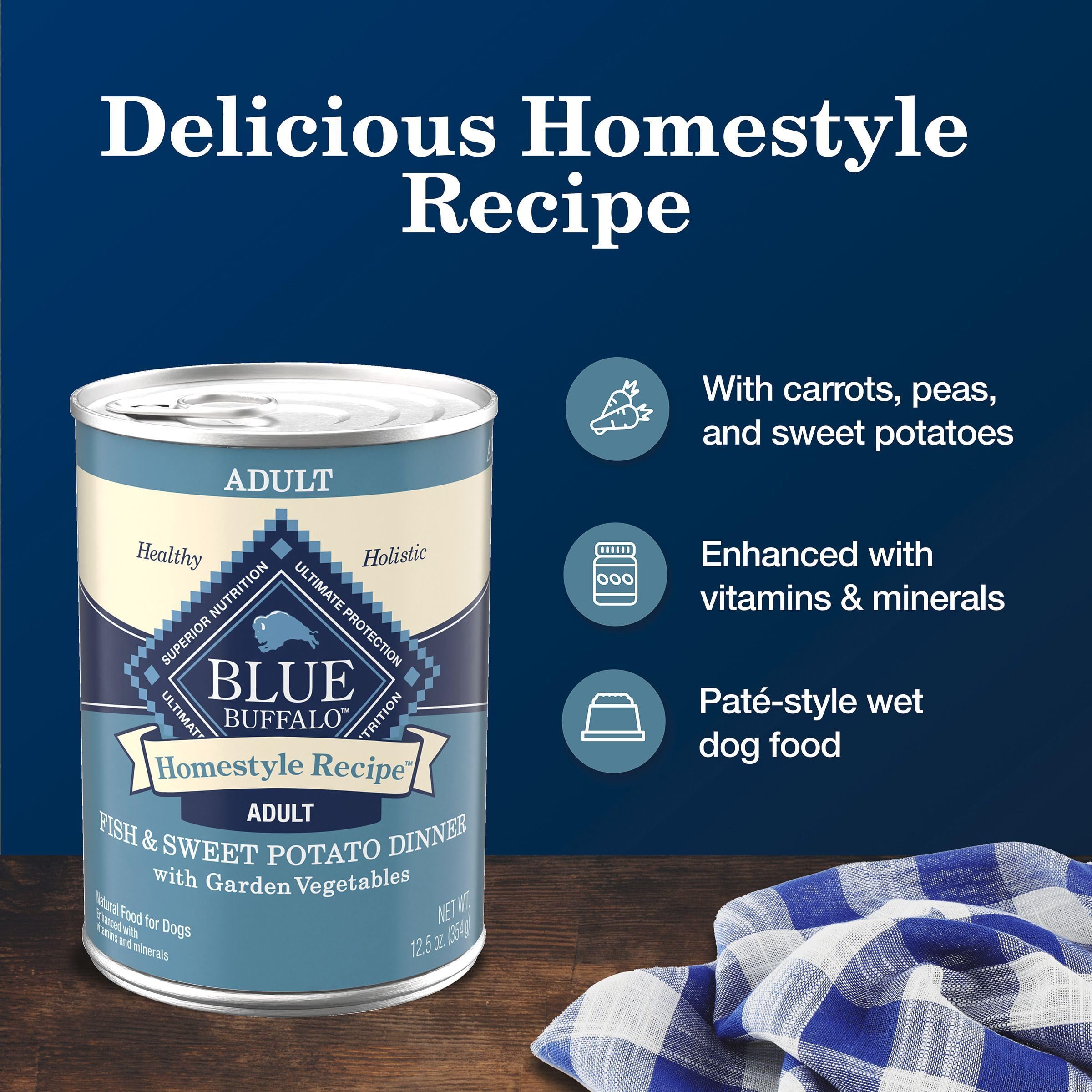 Blue Buffalo Homestyle Recipe Adult Wet Dog Food, Made with Natural Ingredients, Fish & Sweet Potato Dinner With Garden Vegetabl