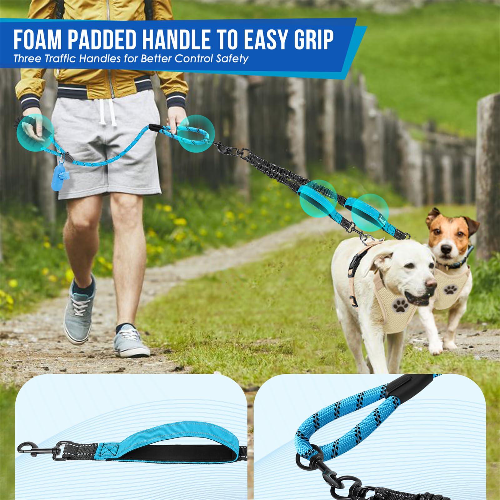 Slowton Double Leash For Two Dogs - No Tangle Dog Leash 360 Swivel Reflective Double Dog Leashes With Two Padded Handles, Shock