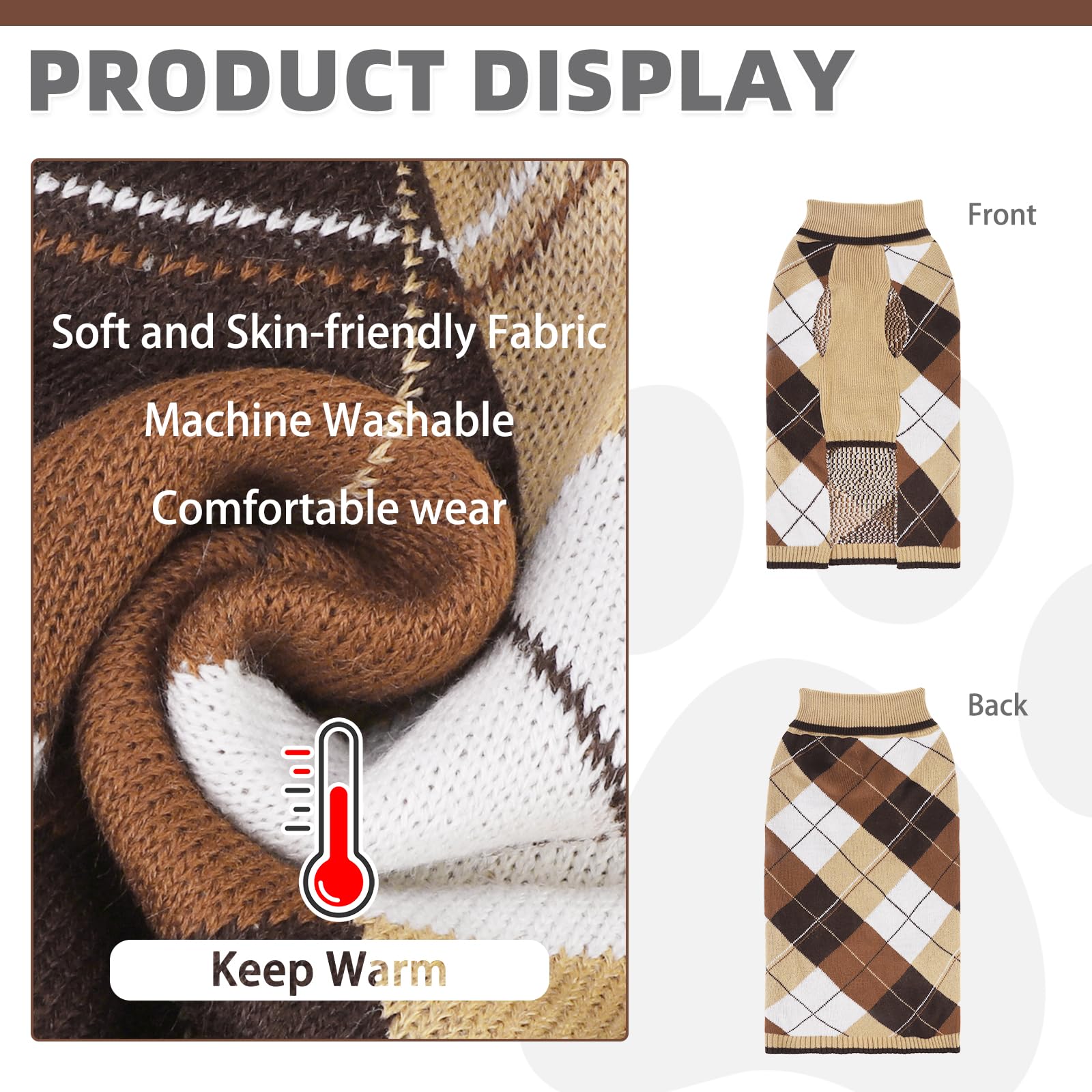 KOOLTAIL Dog Sweater Pet Knitted Clothes - Classic Plaid Pullover Turtleneck Thick Warm Fall Dog Sweaters with Leash Hole, Soft