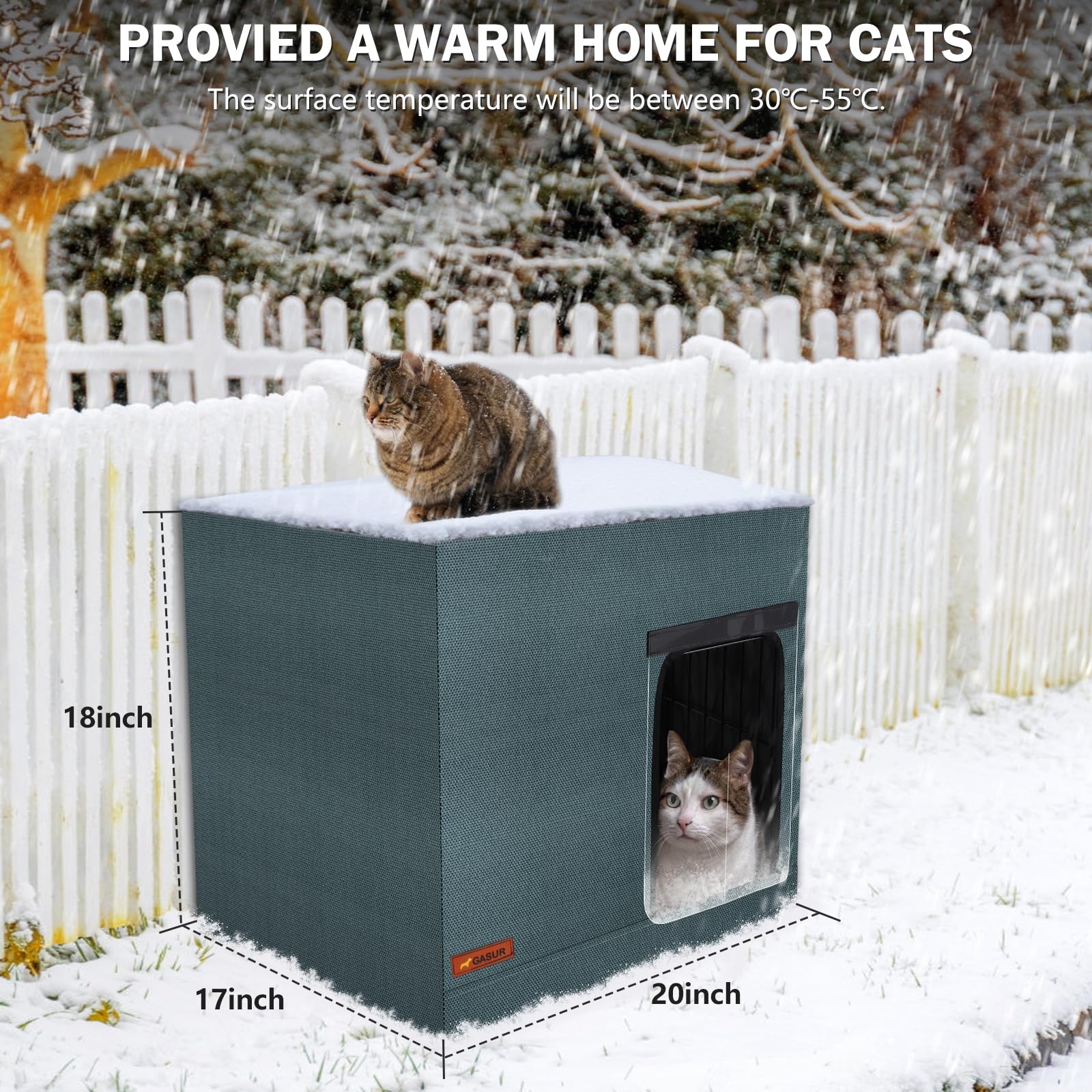 Gasur Large Heated Cat House For Outdoor Cats In Winter, Highly Elevated Base Waterproof & Insulated Feral Cat House, Warm Cat S