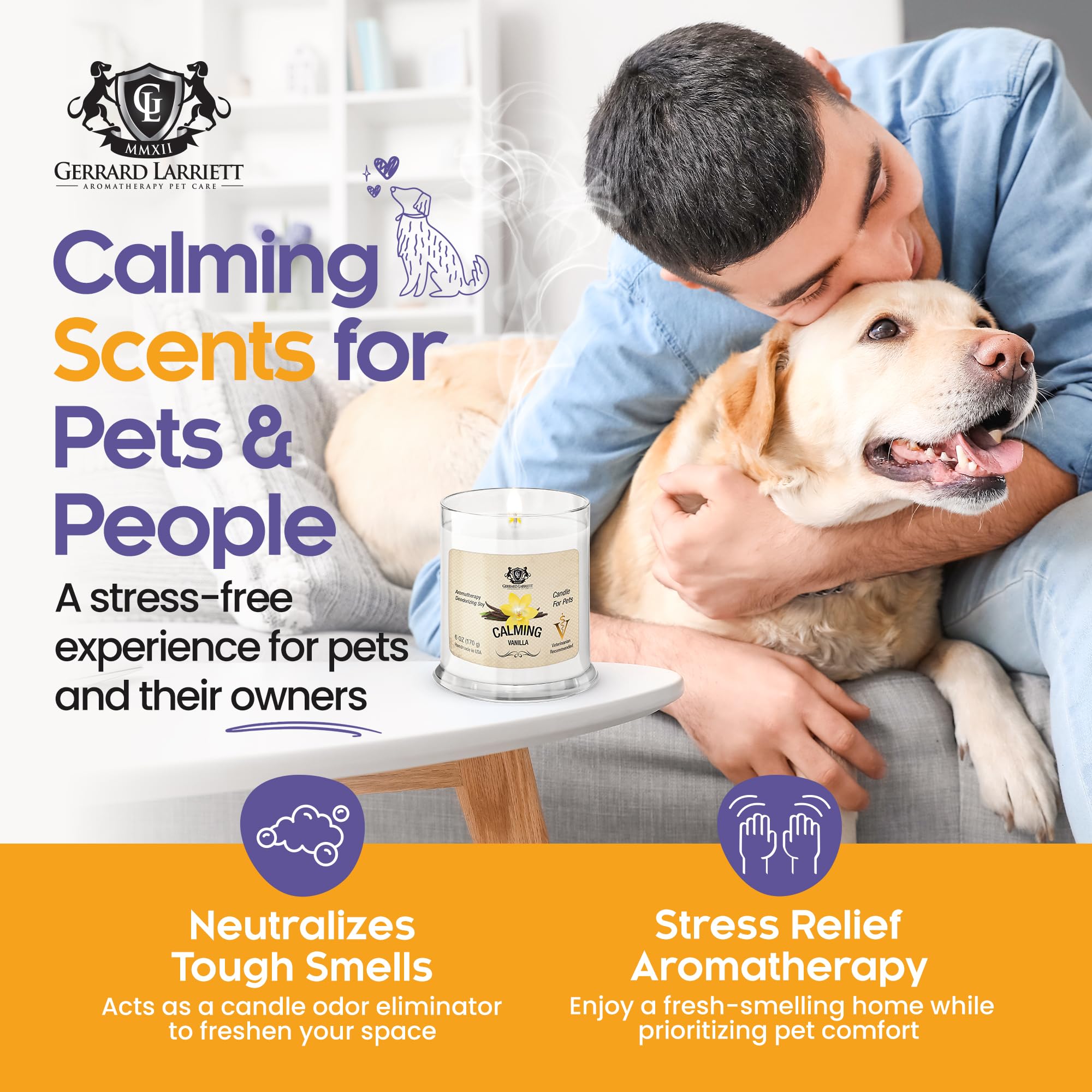 Gerrard Larriett - Deodorizing Soy Candles For Pets, Scented Candles For Removing Pet/Household Odors, White Candles For Home Scented With Calming Vanilla Candle Lasts Up To 40 Hours, 10 Oz