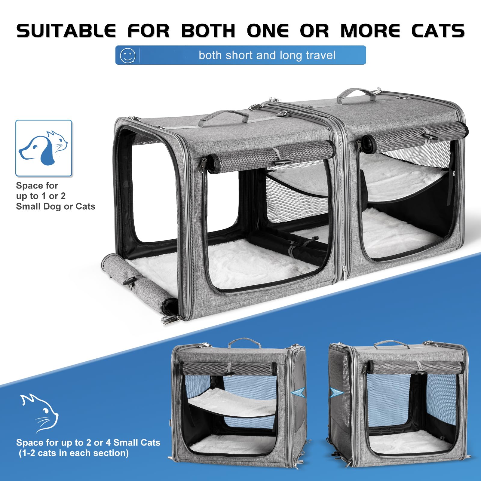 Suertree Cat Carrier For 2 Cats, Pet Travel Carrier For Cats And Small Dogs Up To 45 Lbs, Bowls, And Locking Zippers