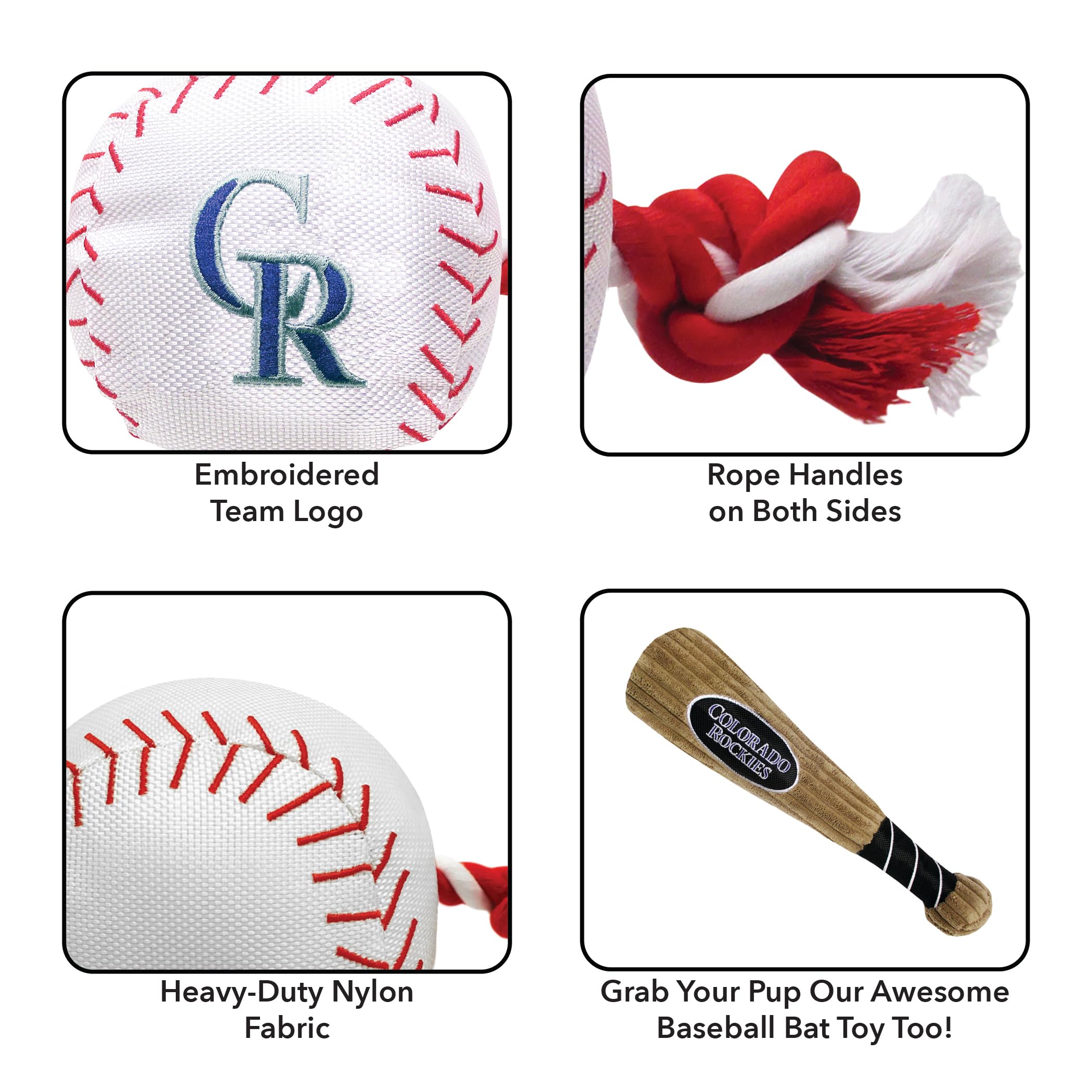 Mlb Colorado Rockies Baseball Rope Toy For Dogs & Cats. Tough Nylon, Sporty Baseball Design, Heavy-Duty Ropes With Inner Squeake