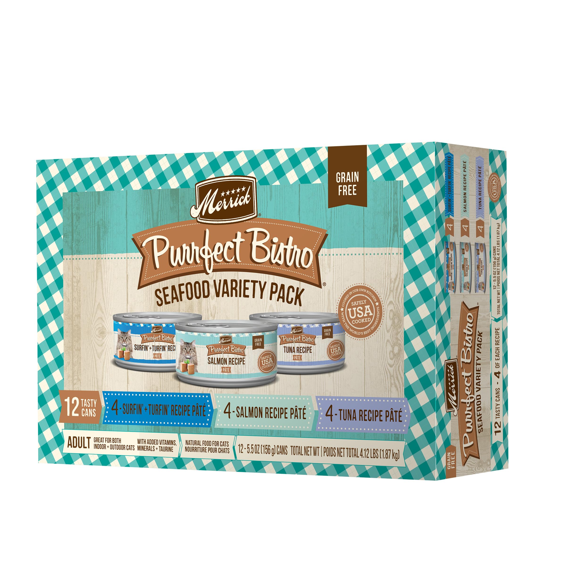 Merrick Purrfect Bistro Grain Free Premium Canned Pate Adult Wet Cat Food, Variety Pack Seafood Recipes - (1 Pack of 24) 3 oz. C
