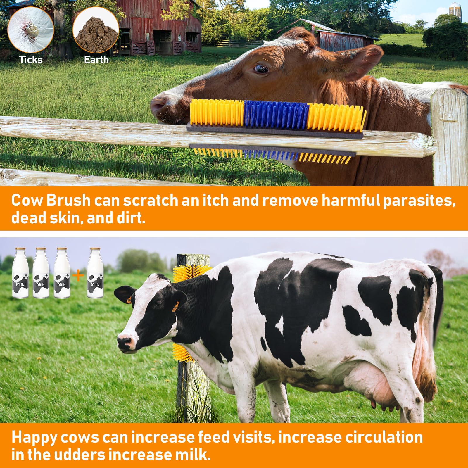2Pcs Livestock Scratch Brush With 4 Screws - Grooming Brushes For Horse, Goat, Cow, Pig - Cattle Supplies With Back Scratcher
