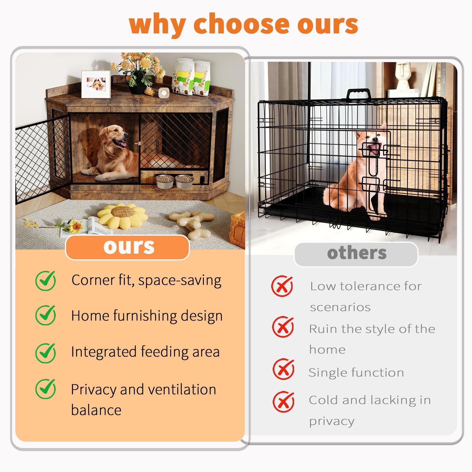 51.3 Corner Dog Crate Furniture with 360 Rotating Feeder, Decorative Dog Crates Dog Cage TV Stand Wooden Dog Kennel End Table fo