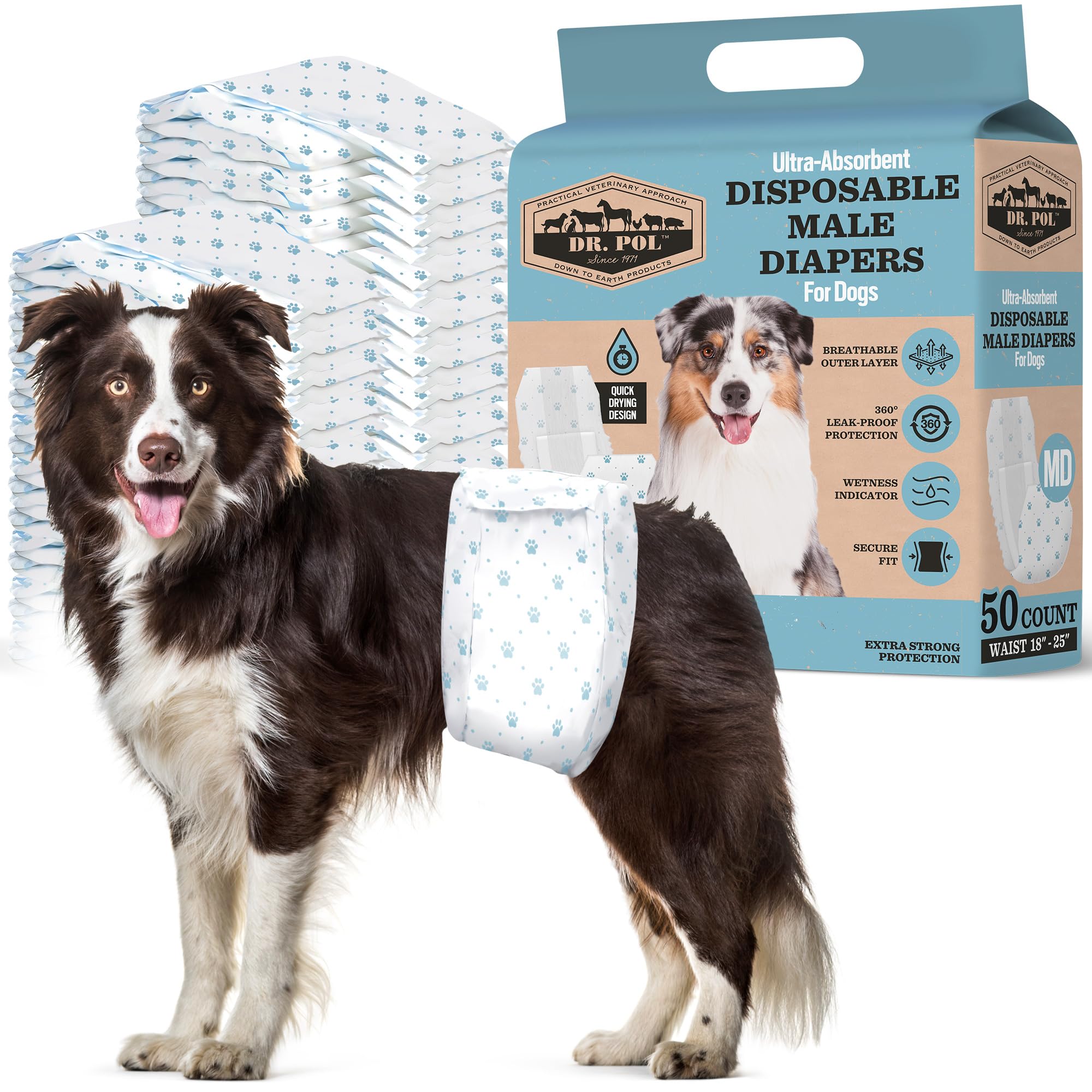 Dr. Pol Male Dog Diapers - Super Absorbent, Breathable, Leak-Proof With Wetness Indicator, Medium, 50 Count